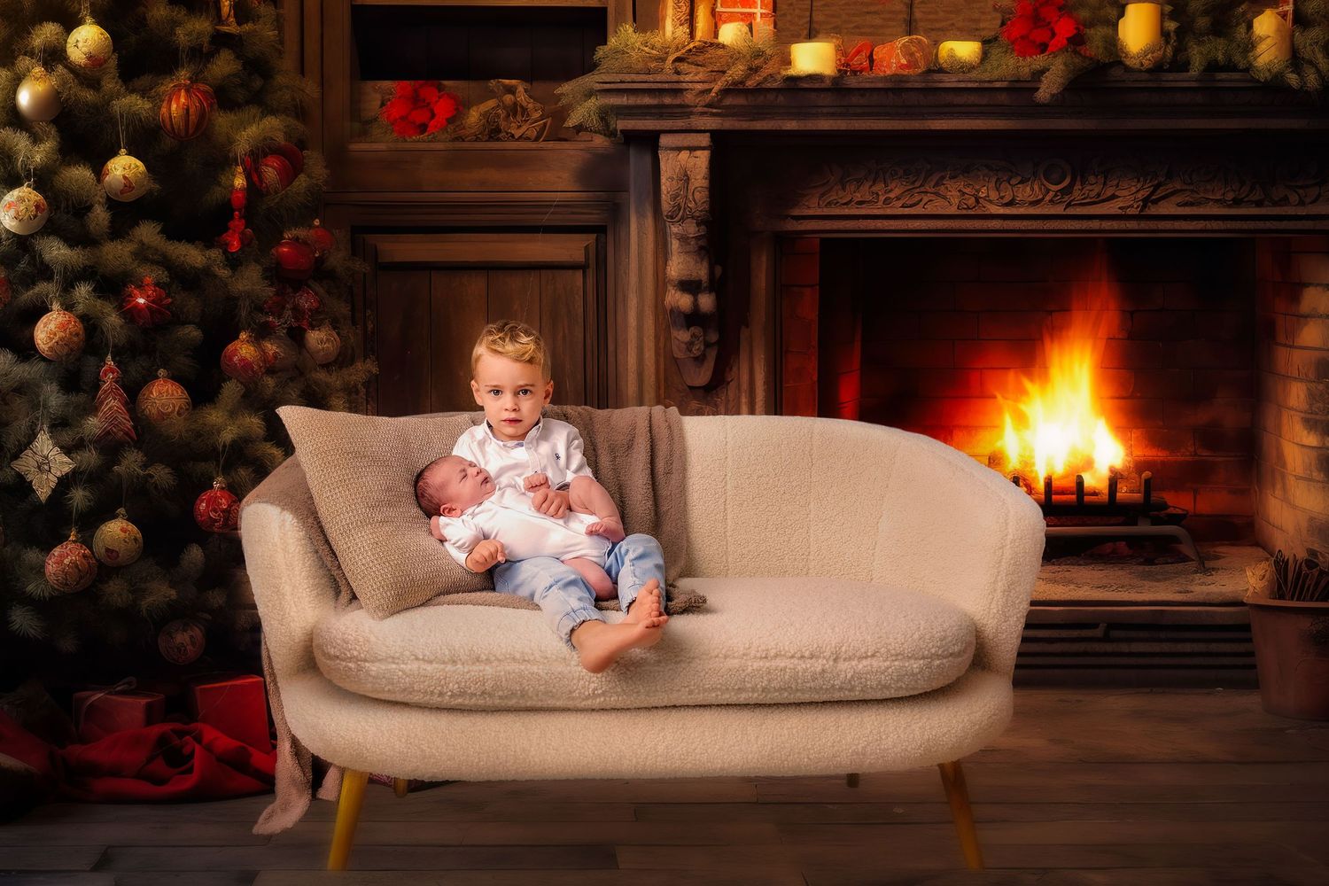 Cozy Christmas scene with a child in white pajamas sitting on beige loveseat by decorated tree and warm fireplace.