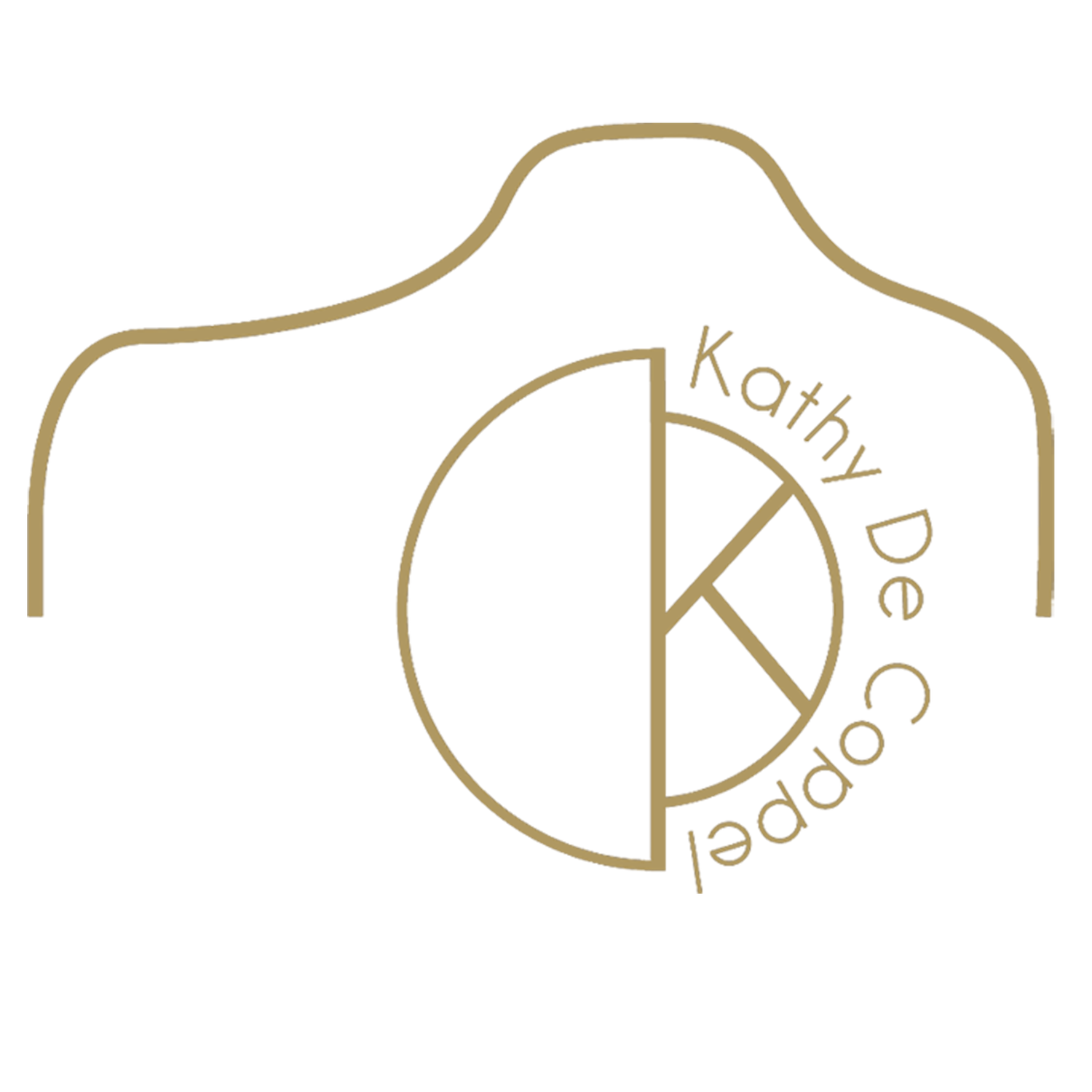 A minimalist gold line drawing logo featuring KD initials and 'Kathy De Good' text in a curved arch design.