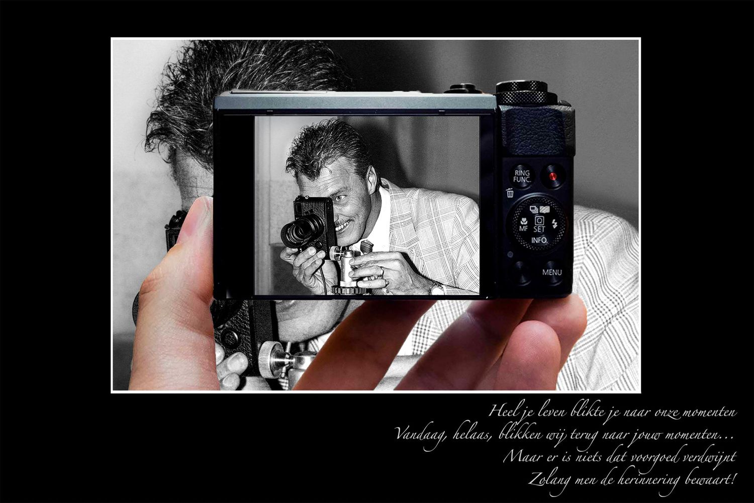 A hand holds a camera displaying a black-and-white photo of a man with a camera, with cursive text on a dark background.