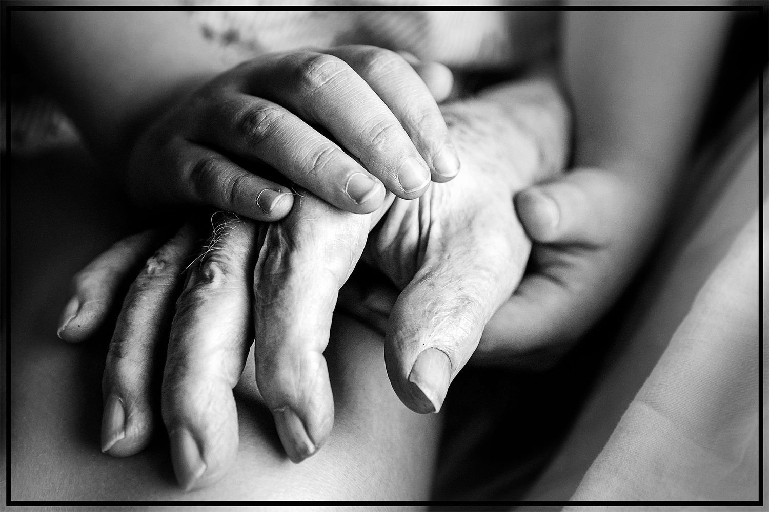 Black and white photo of two hands gently clasped together showing compassion and care in an intimate moment.