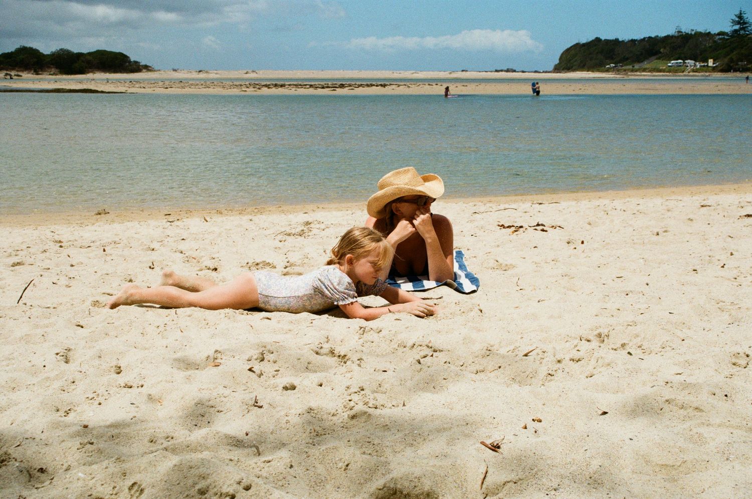 A series of beach photos showing people relaxing and sunbathing on a sandy shoreline with calm waters in the background.