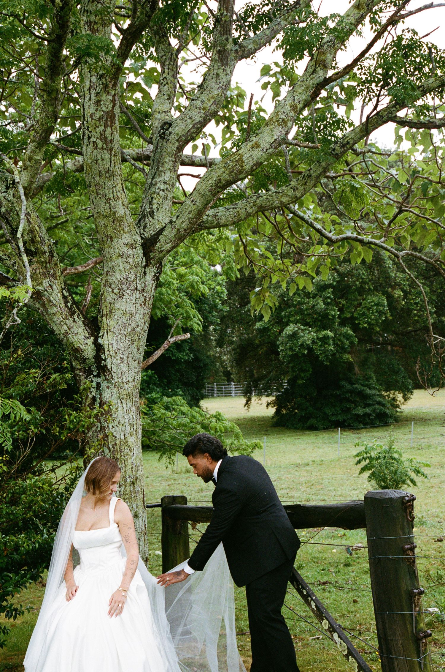 A couple poses for romantic wedding photos under a large tree in a scenic outdoor setting.