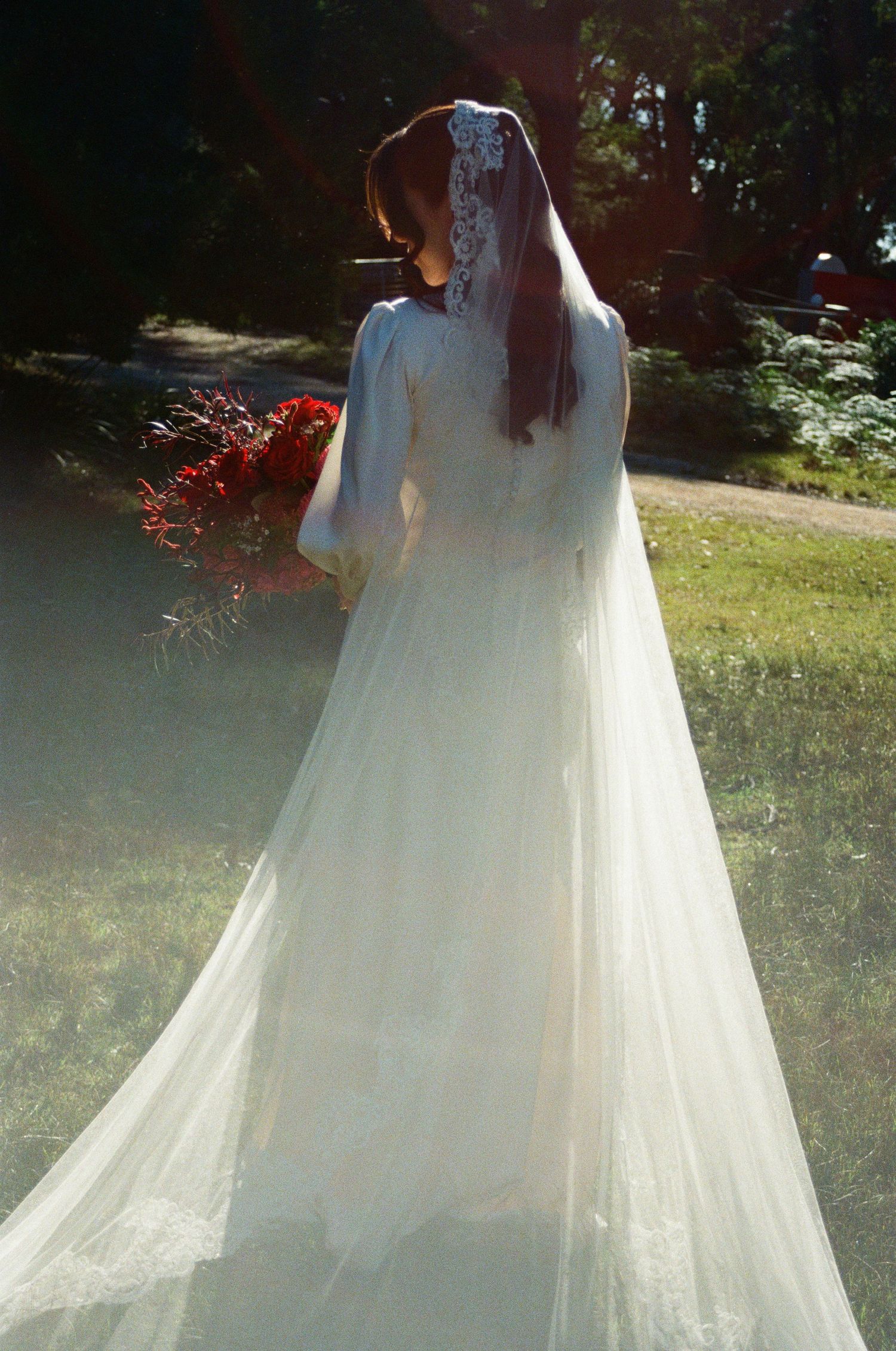 A bride in a flowing white dress and veil stands in a sunlit garden with dramatic backlighting.