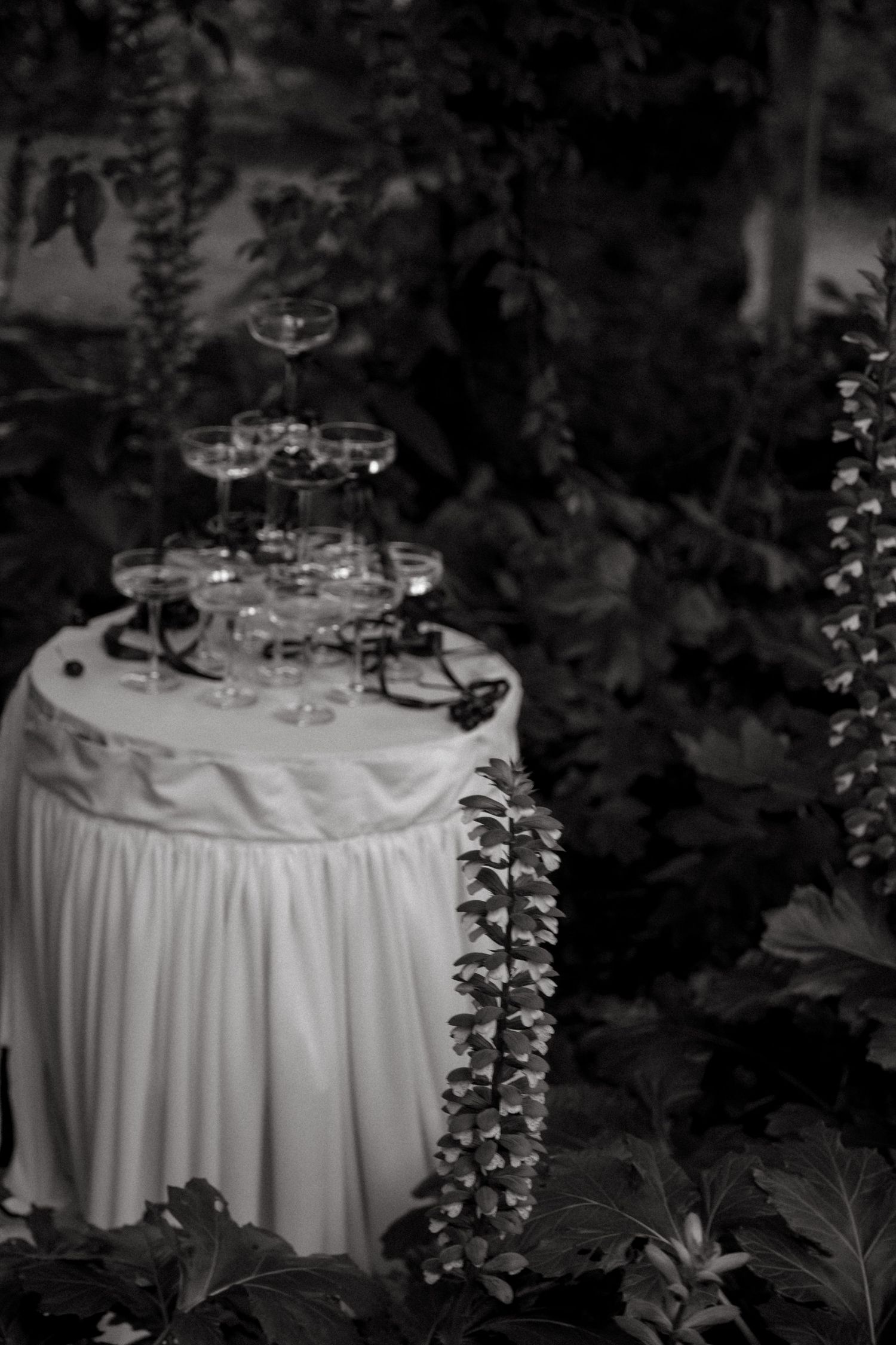 A champagne tower with stacked glasses sits atop a white draped table in a dark garden setting.