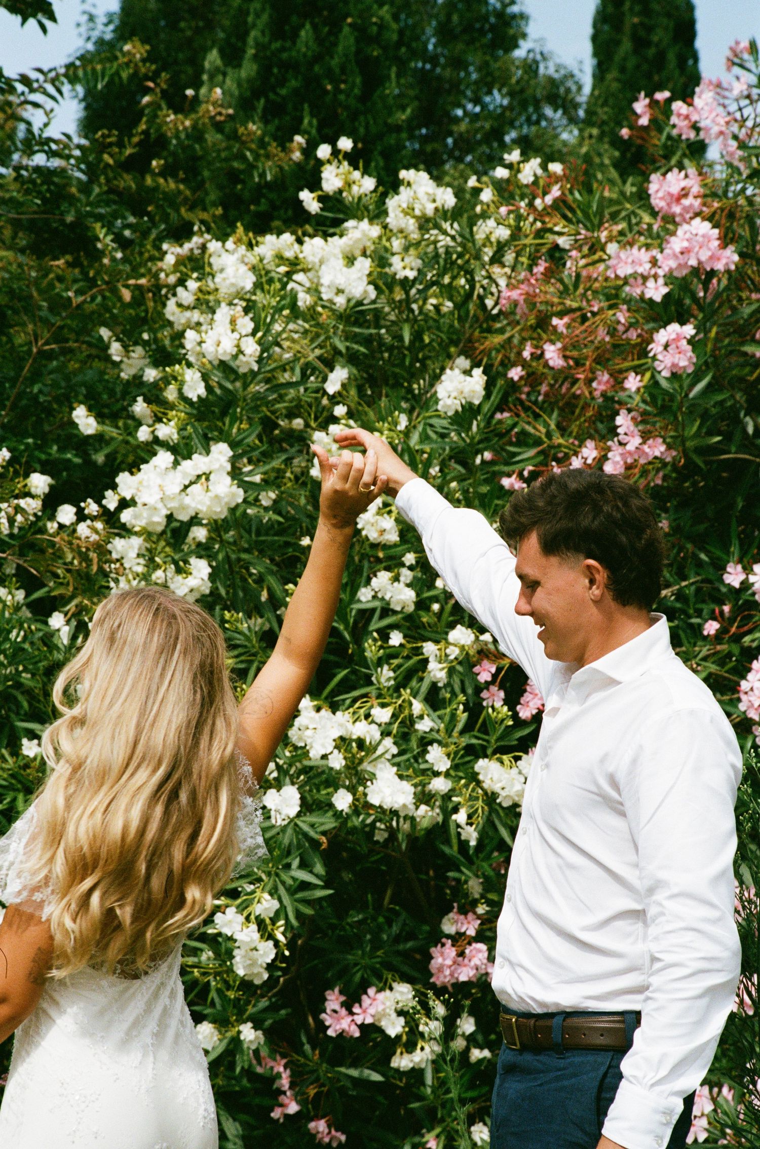 A couple dances playfully in front of a blooming rose garden on a sunny day.
