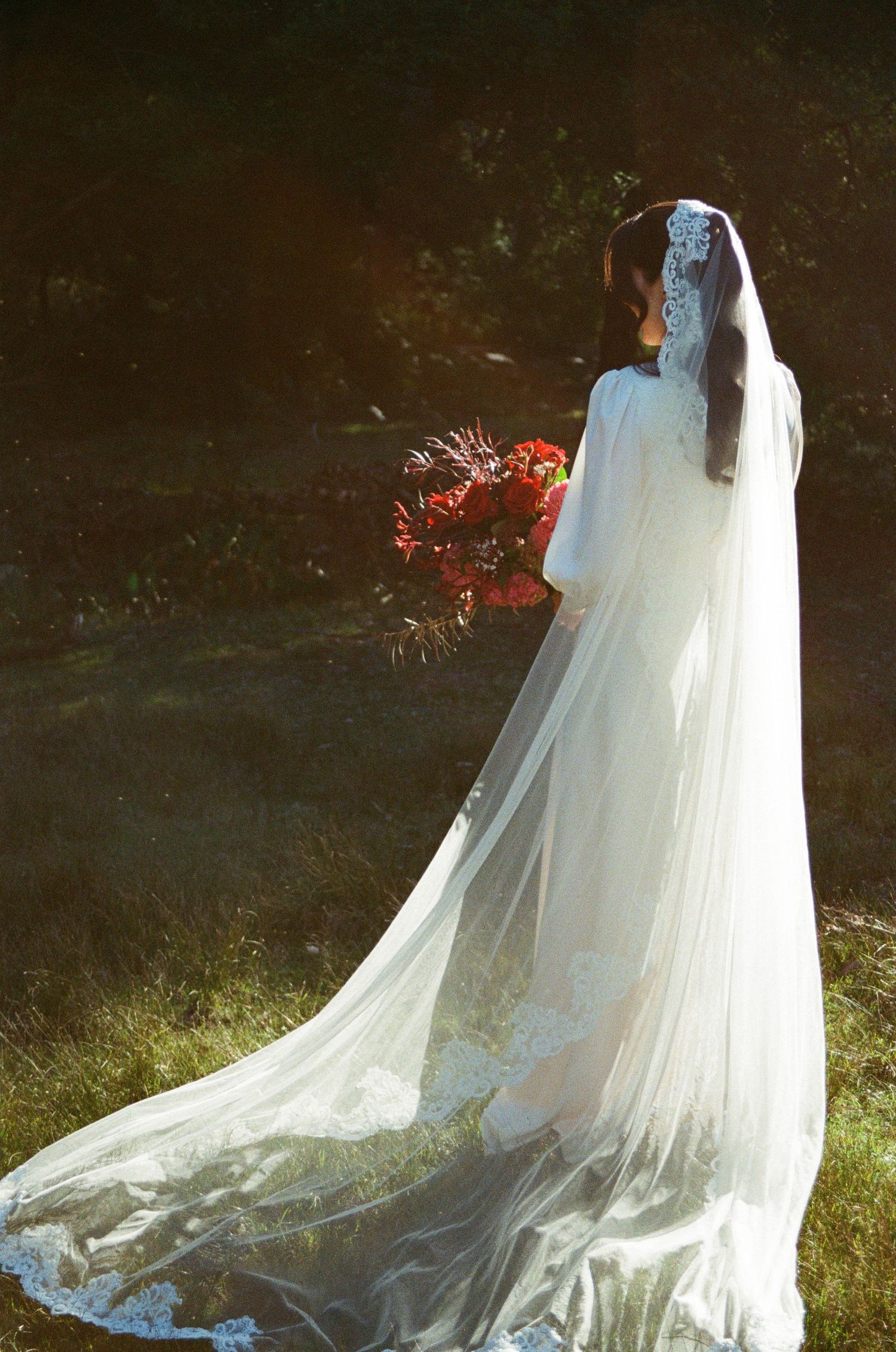 An ethereal bridal portrait showing a flowing white dress and veil with red flowers against a dark background.
