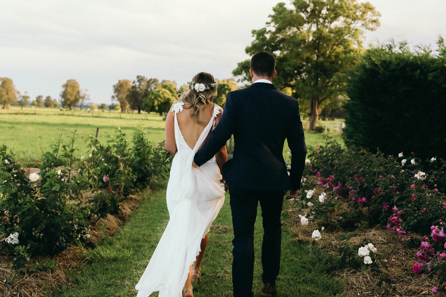 A couple in wedding attire walk together through a garden with blooming roses on a sunny autumn day.