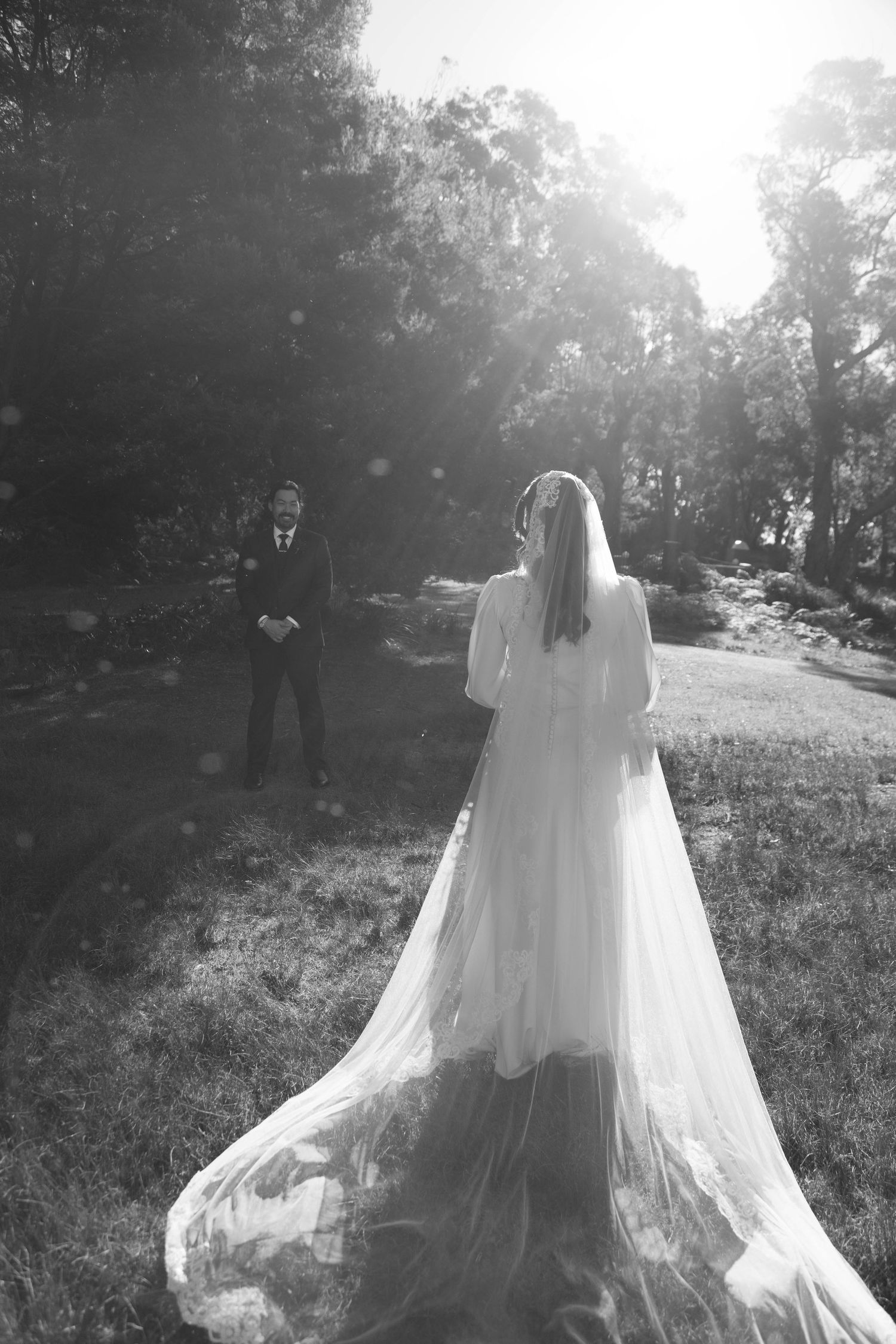 A bride in a flowing white gown and veil stands in a sunlit forest clearing.