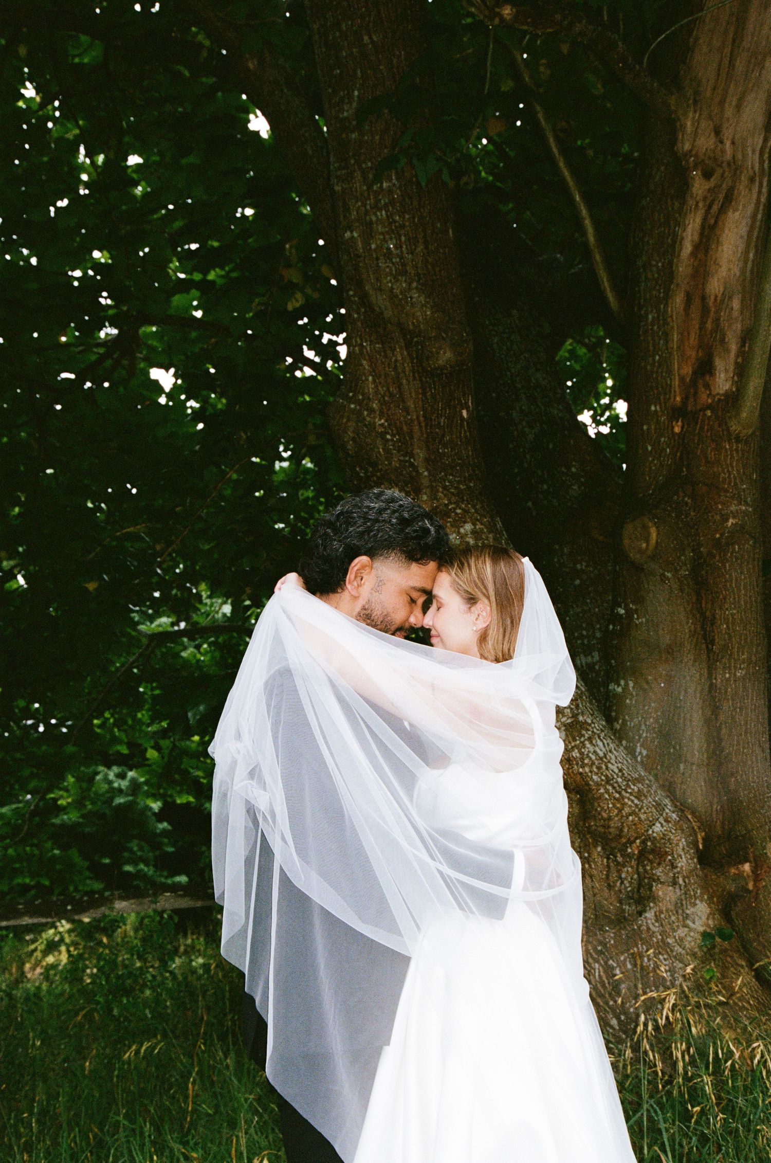 A tender embrace between newlyweds under a flowing white veil in a garden setting.