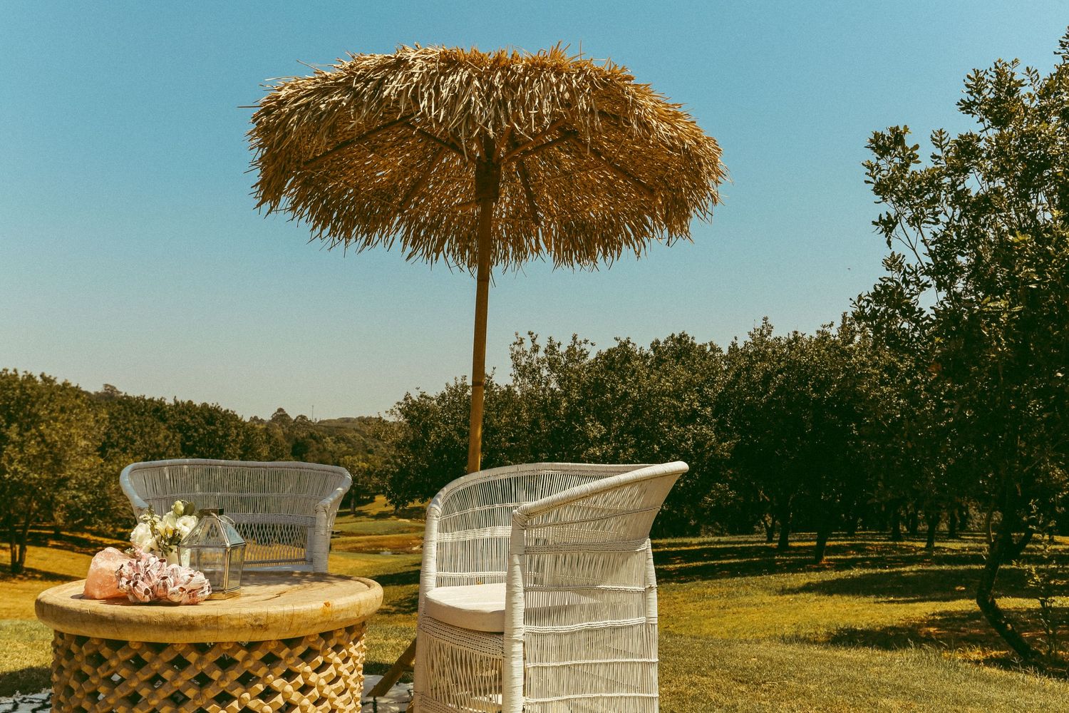 Outdoor seating arrangement with white wicker chairs and thatched umbrella in a sunny garden setting.