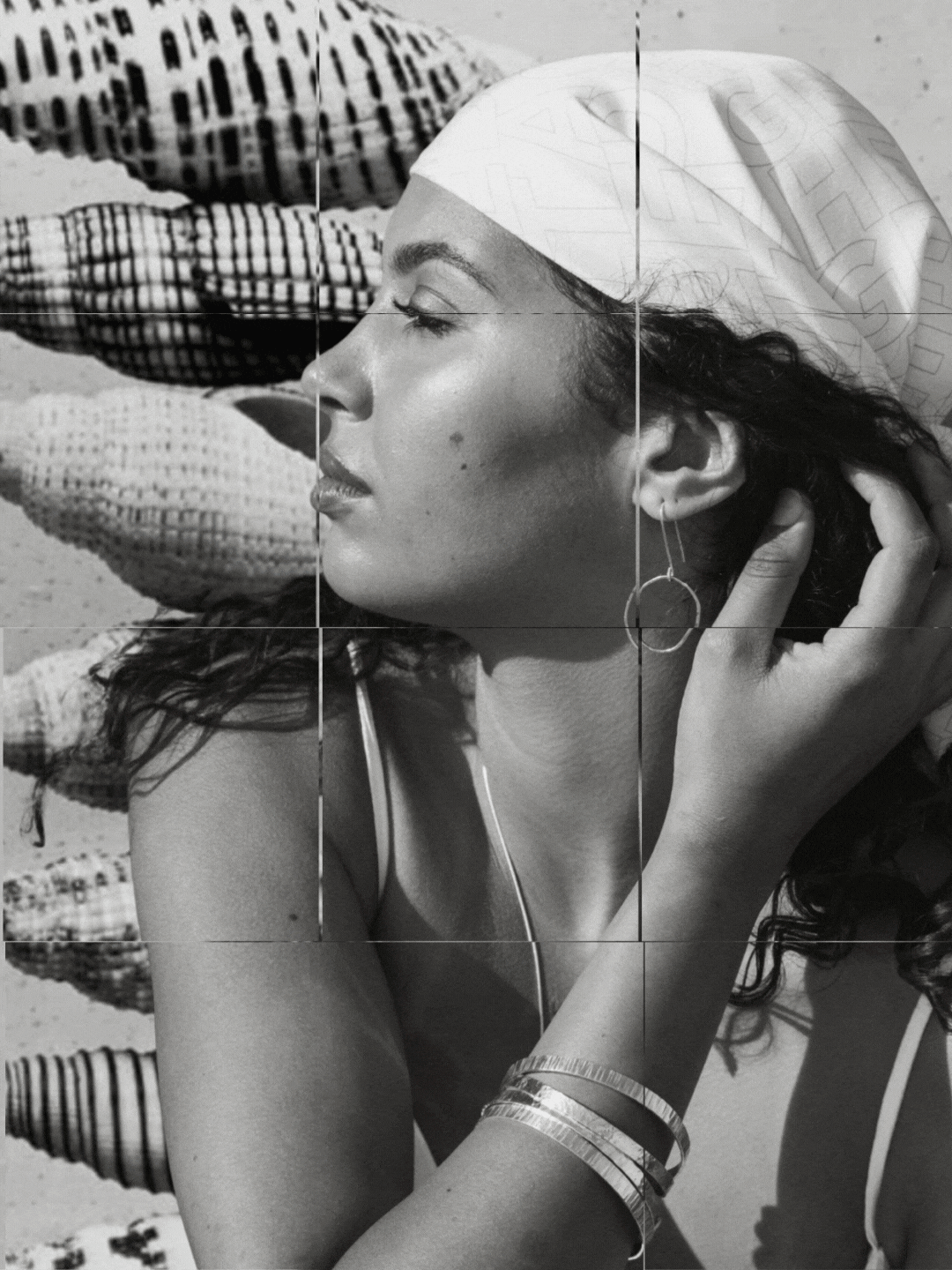 A series of black and white photographs showing someone in profile holding a large seashell to their ear.