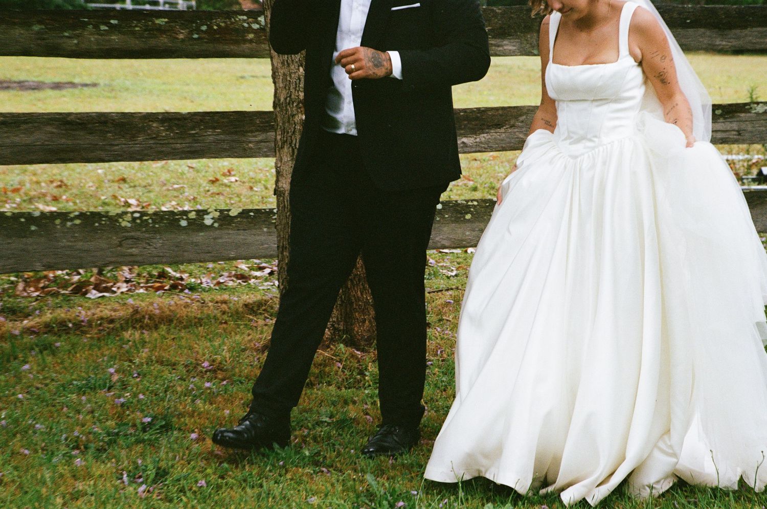 A series of wedding photos showing couples in formal attire dancing and embracing in an outdoor garden setting.