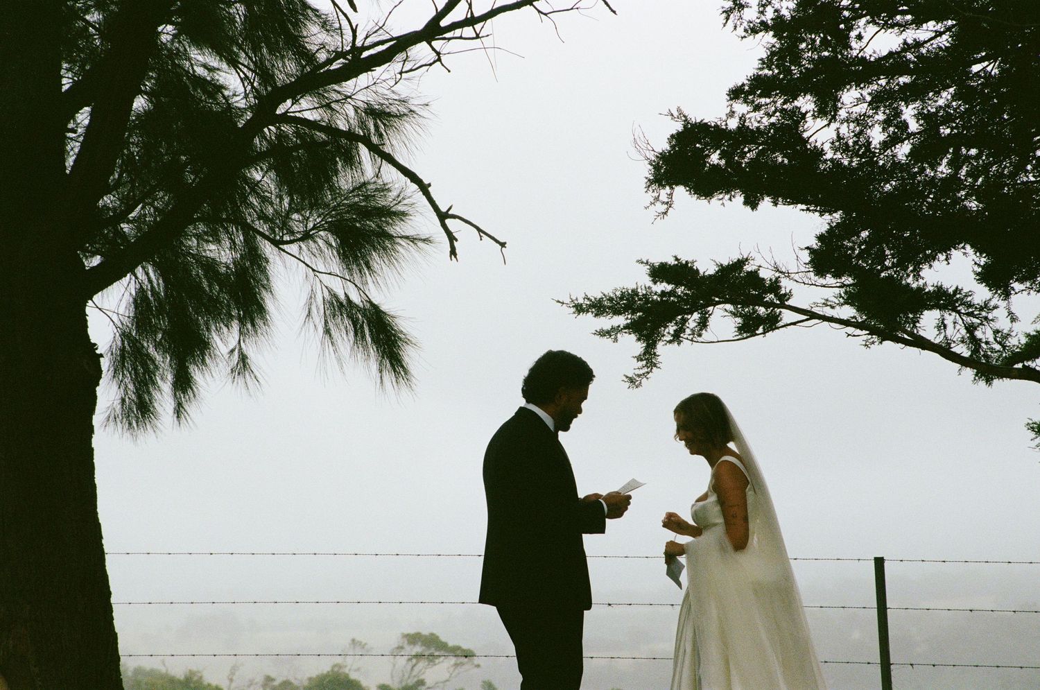 A couple in wedding attire stands beneath pine trees on a misty beach during their ceremony.