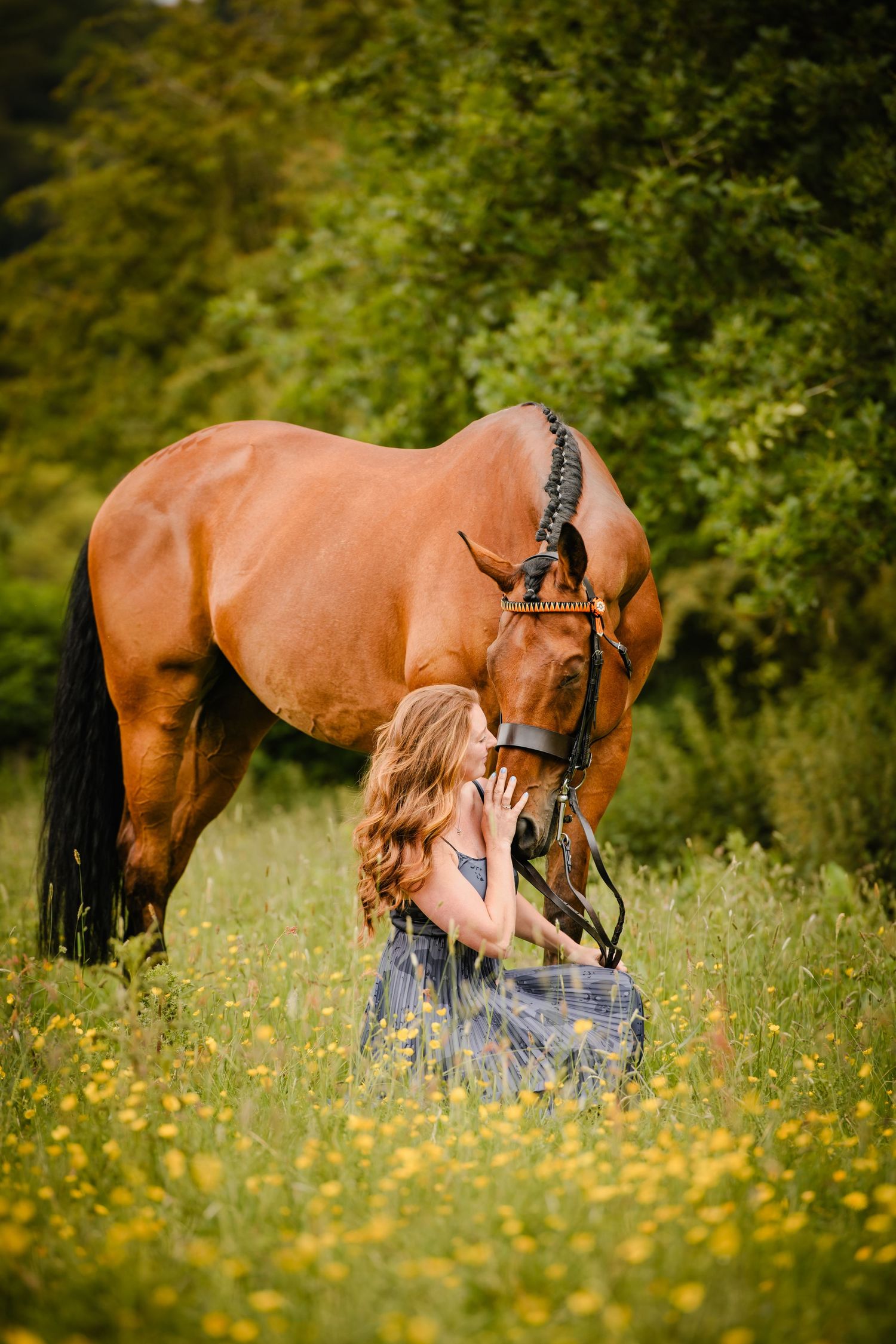 Young woman in blue dress kneeling in yellow wildflower field, gently bonding with a chestnut horse outdoors.