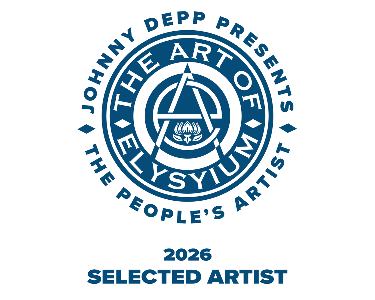 Johnny Depp Presents The Art of Elysium 2026 Selected Artist circular blue logo badge.