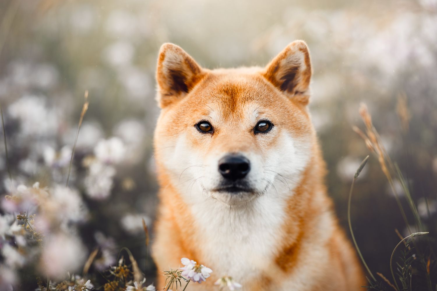 Un shiba dans les fleurs