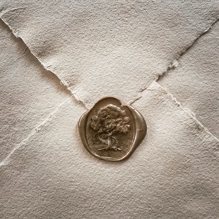 A close-up sequence showing a wax seal being pressed and stamped onto a light-colored paper surface.