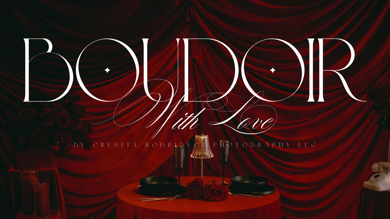 A collage of boudoir photography studio scenes with red curtains and romantic lighting, candles, and props in Los Angeles, California.