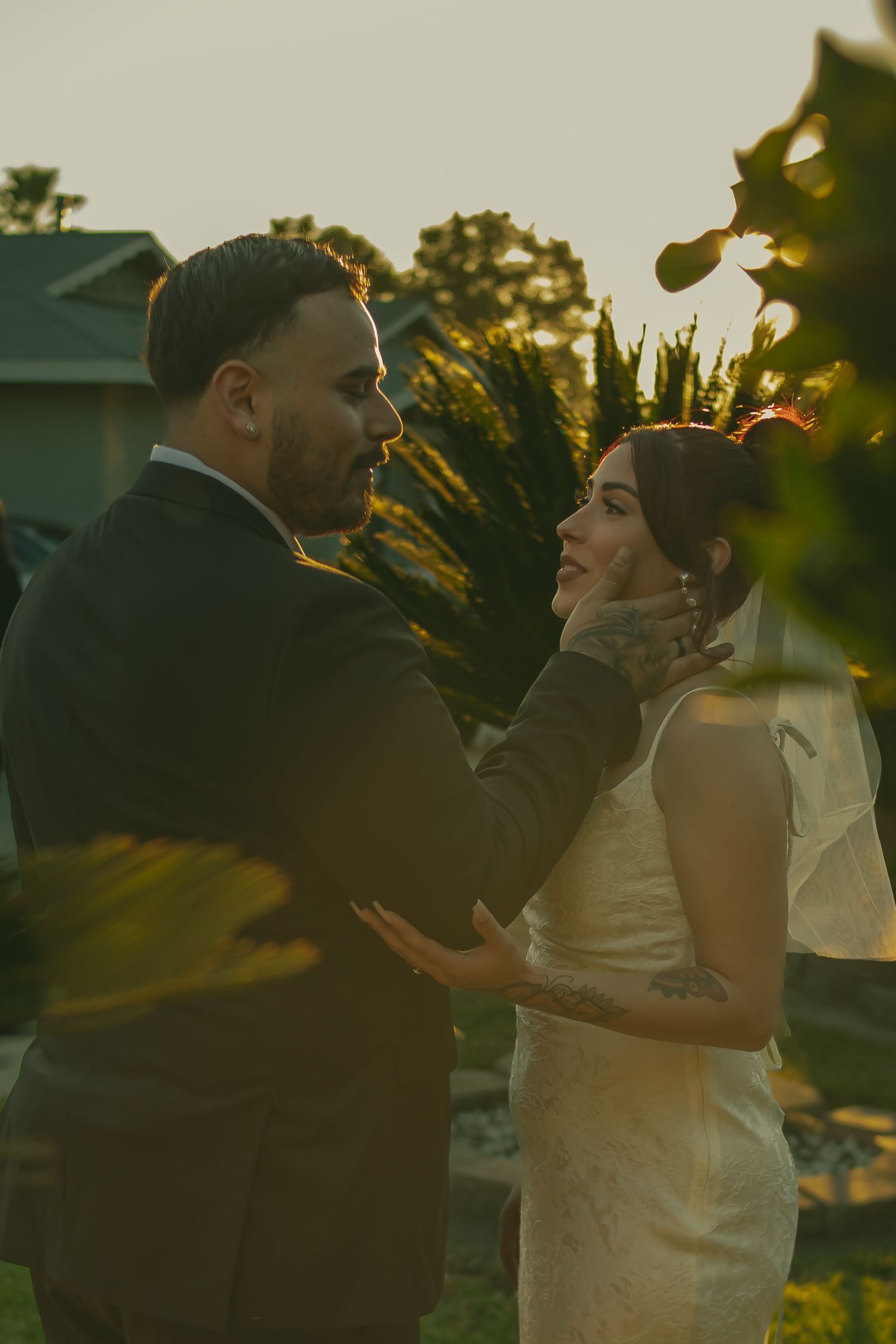 Bride and Groom during golden hour sharing a cinematic moment at their courthouse and micro wedding in Southern California