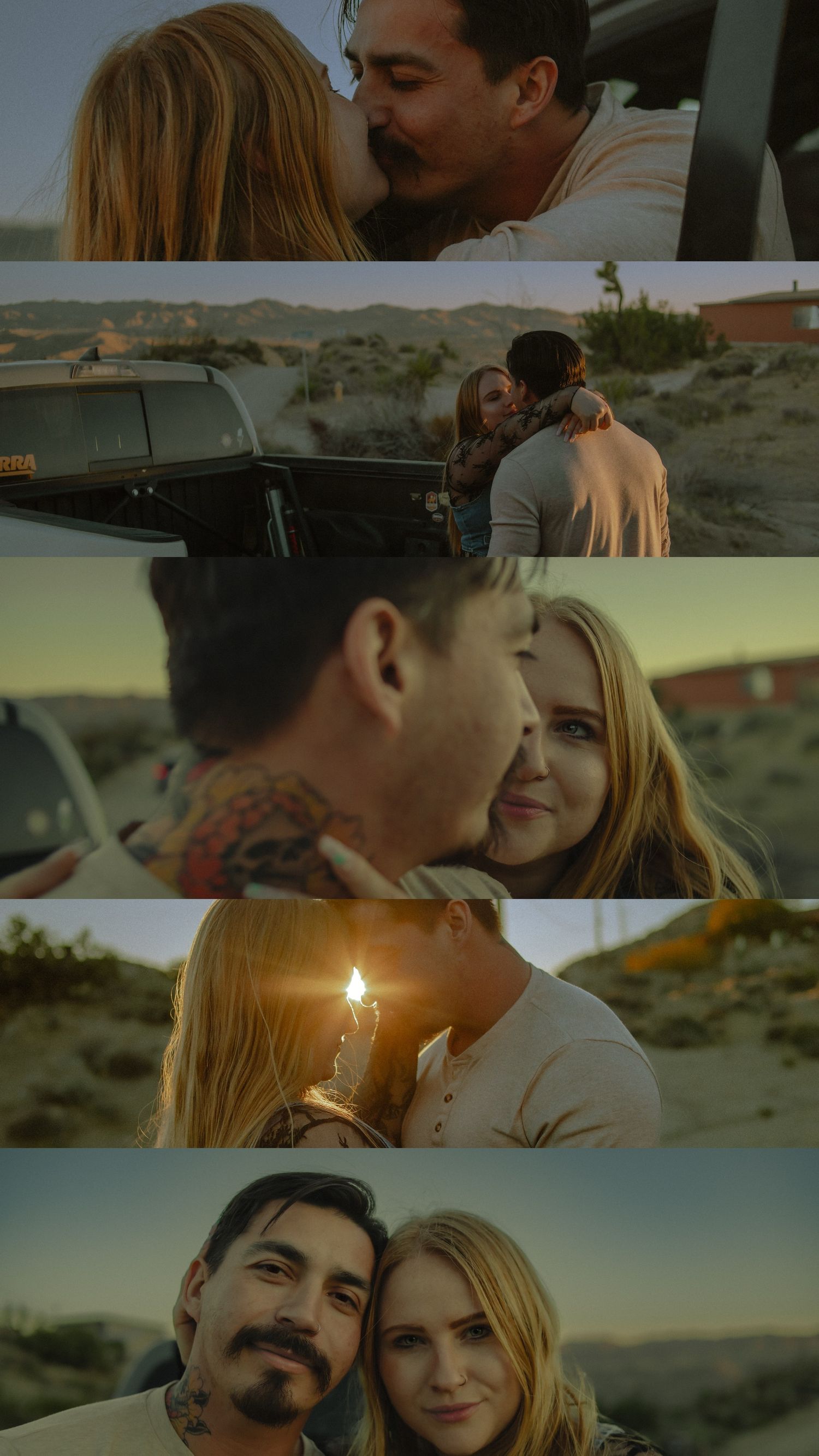 A romantic couple photoshoot that is film inspired and filled with tender, intimate moments in a truck during golden hour in Palm Springs.