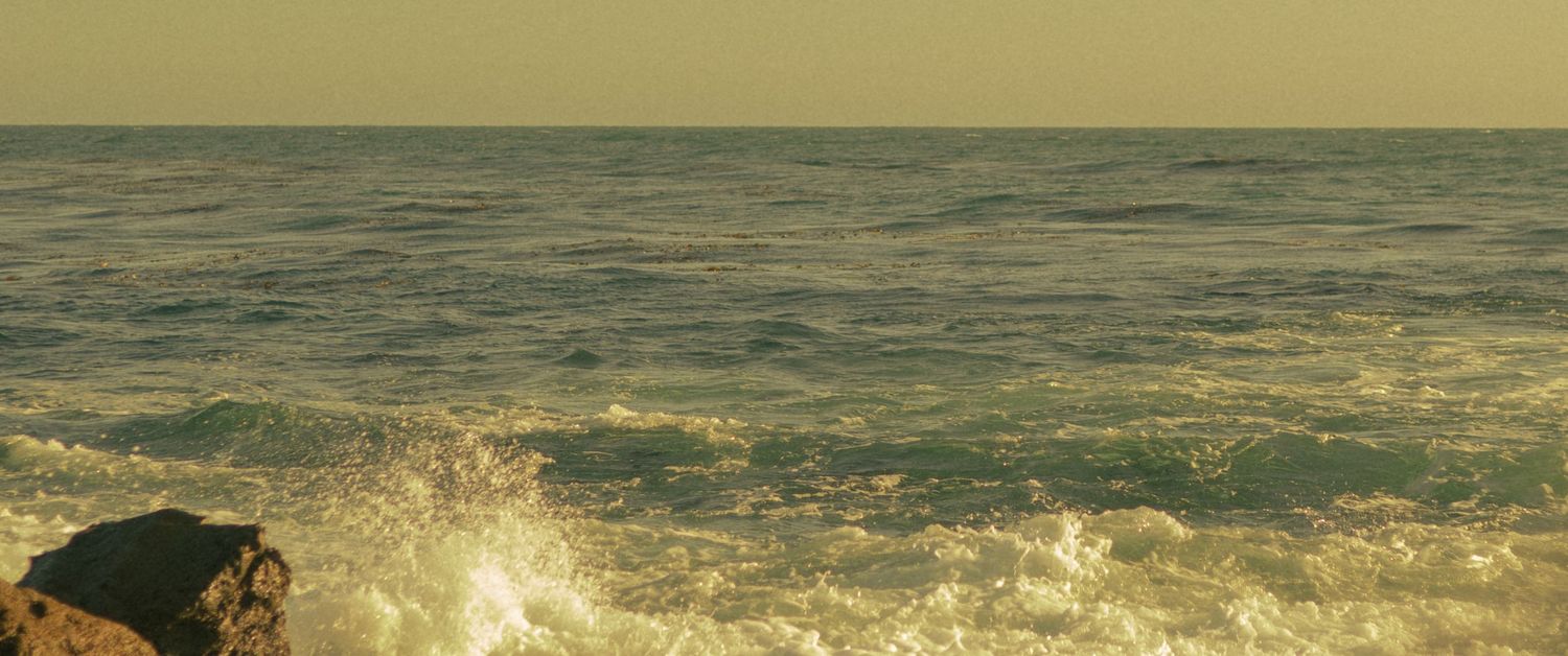 Beach waves crash onto a rocky shoreline at golden hour with warm sunlight illuminating the ocean spray.