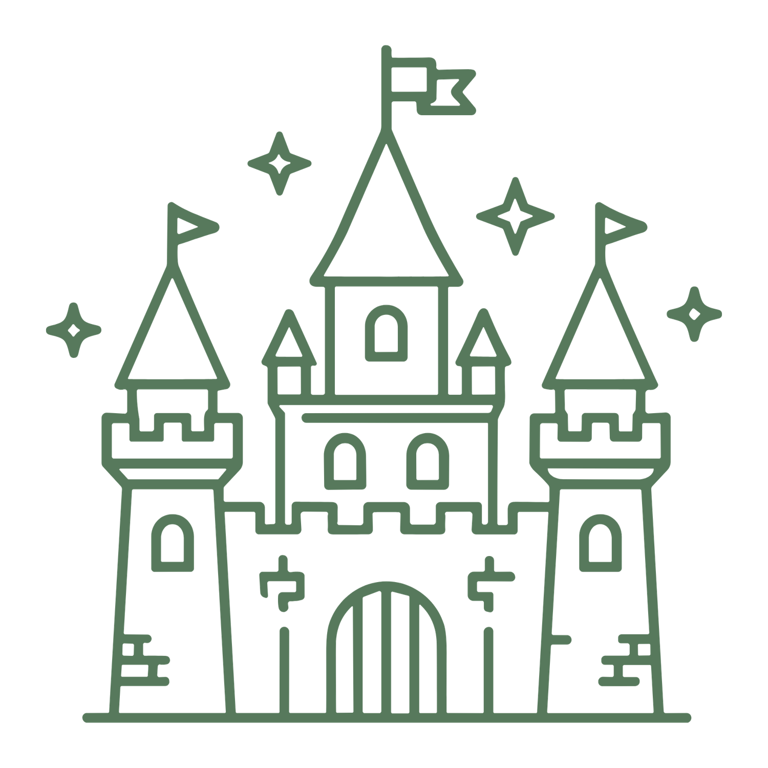 A green line art illustration of a fairy tale castle with towers, flags, and sparkle accents on a white background.