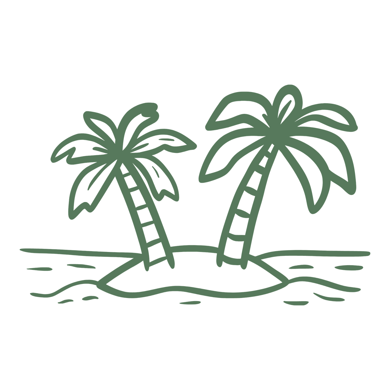 Two palm trees on a tropical island illustration in green outline style.