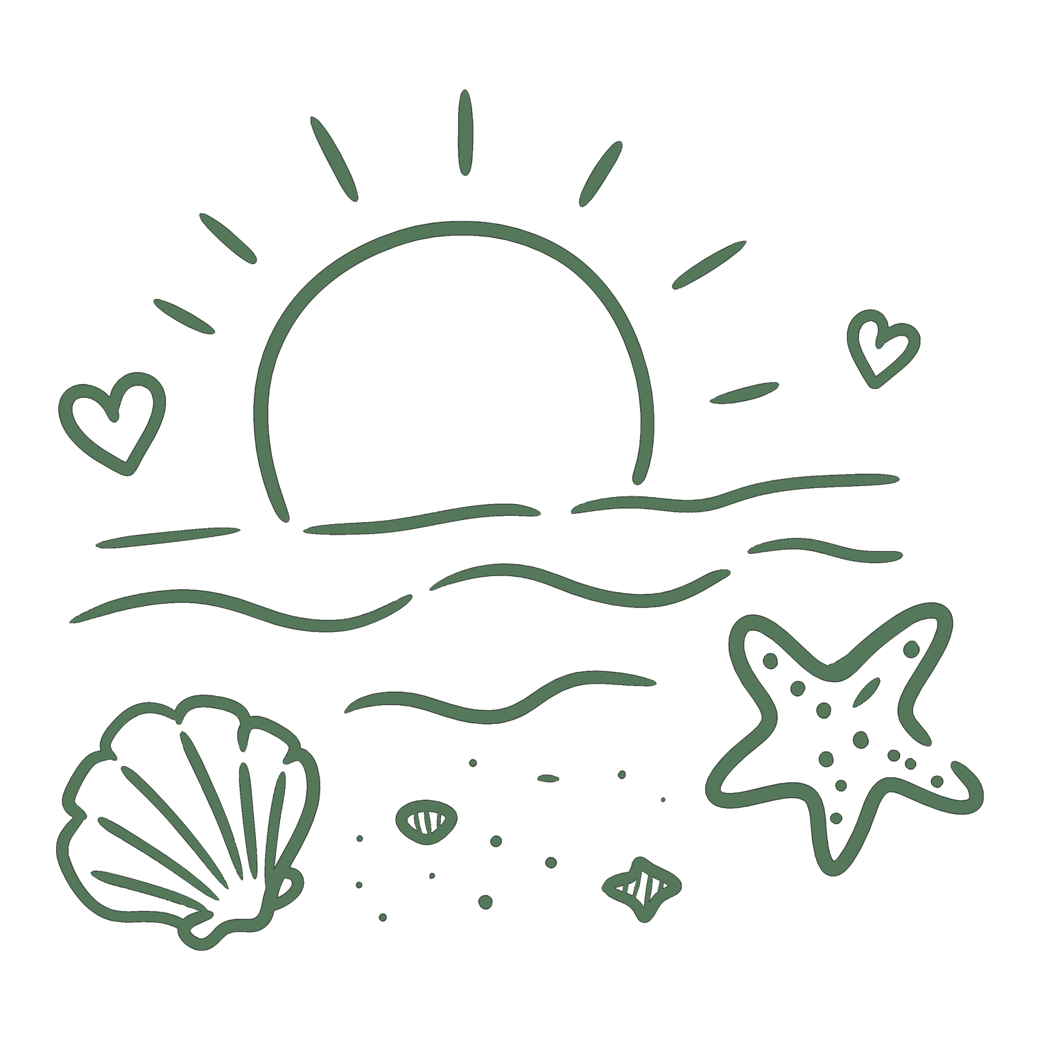 Doodle-style beach scene with sun, ocean waves, seashell, starfish, and hearts in sage green outline art.