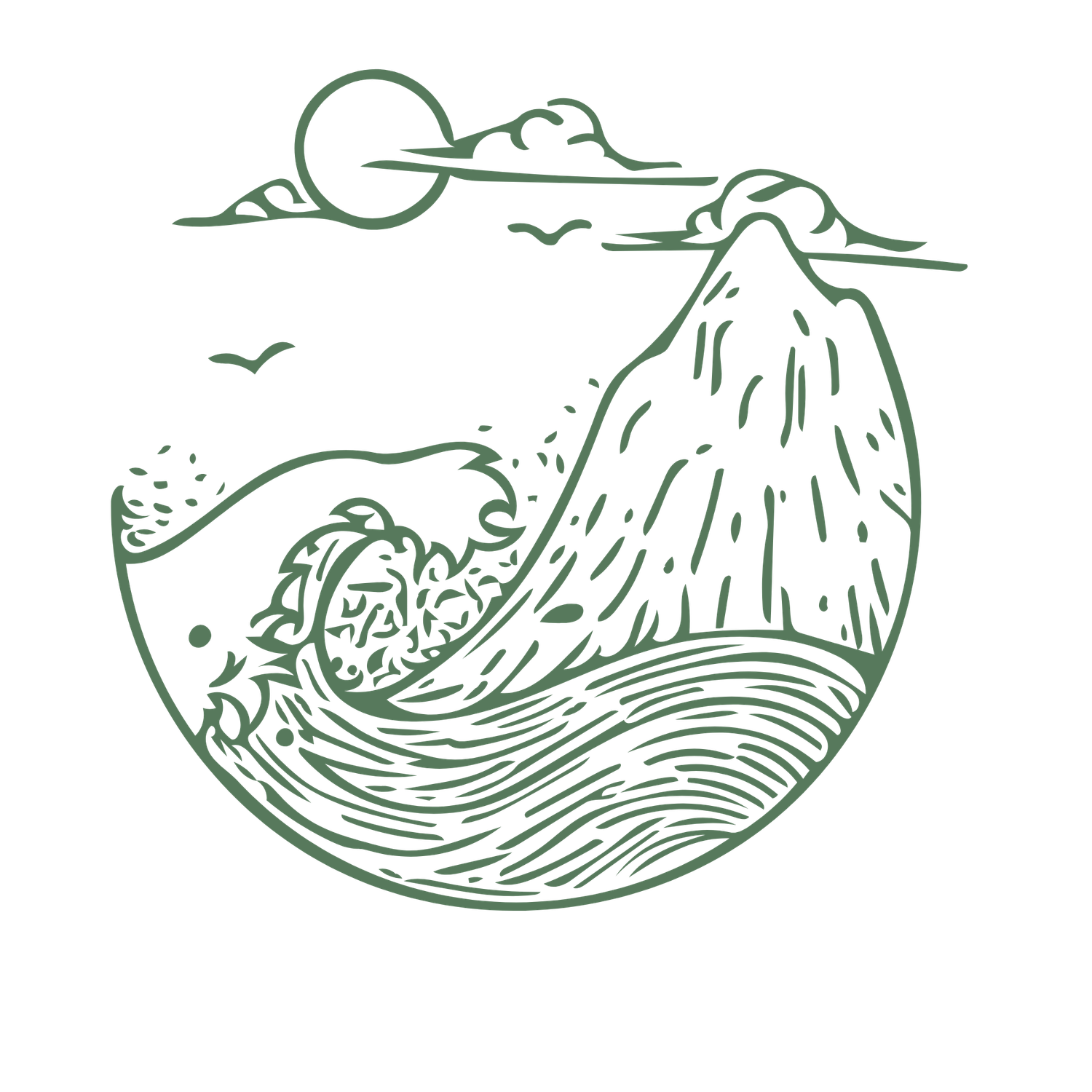 Line art illustration of ocean waves crashing near a volcanic mountain with sun and clouds in a circular frame.