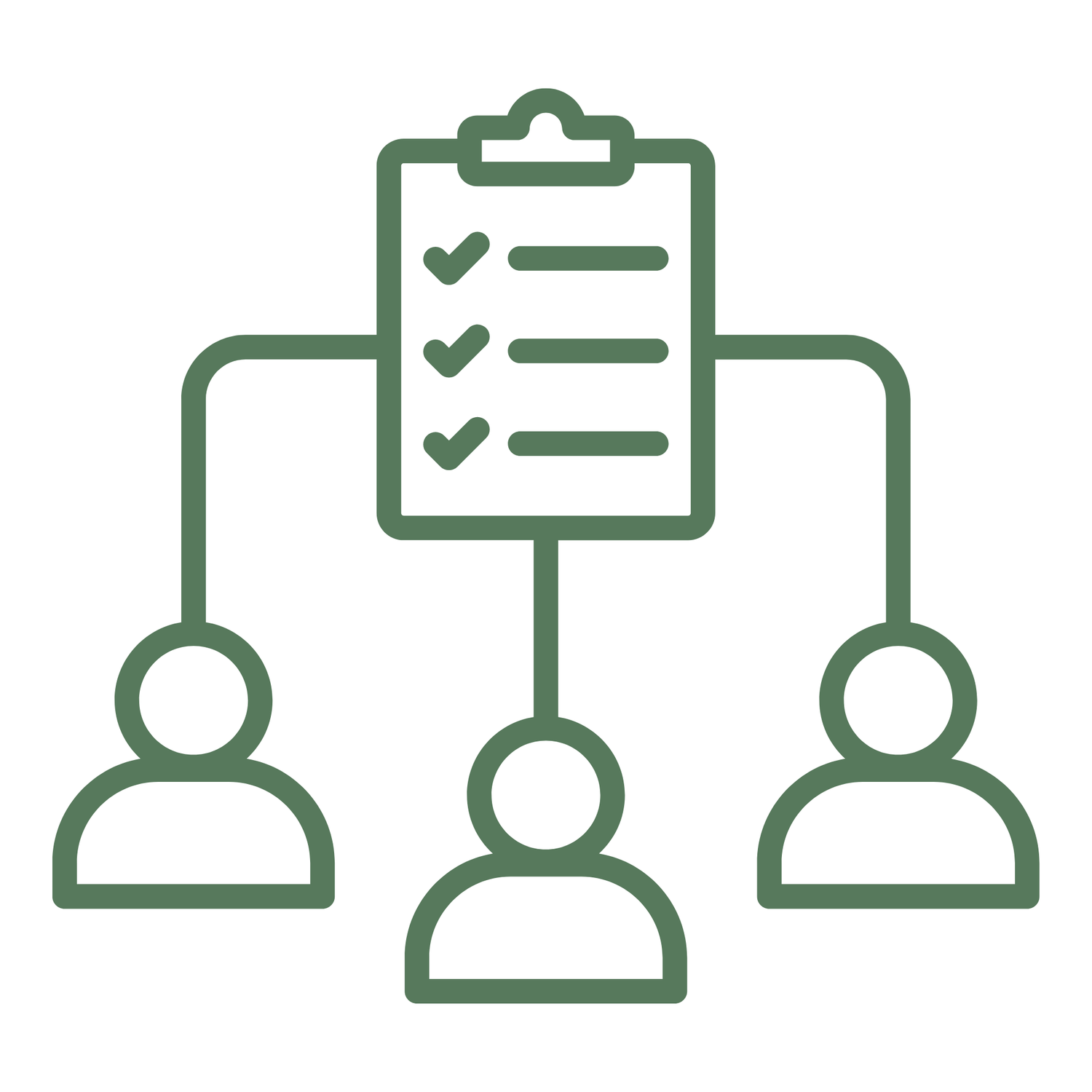 Green icon of a clipboard with checklist connected to three person figures, representing team task management.
