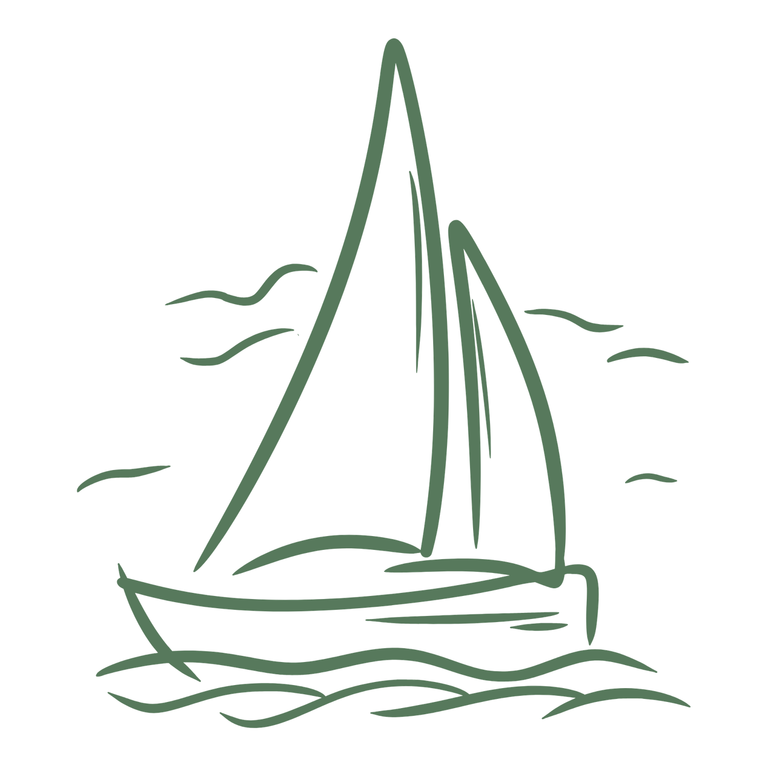 Hand-drawn sketch of a sailboat on ocean waves with seagulls, in green ink style.