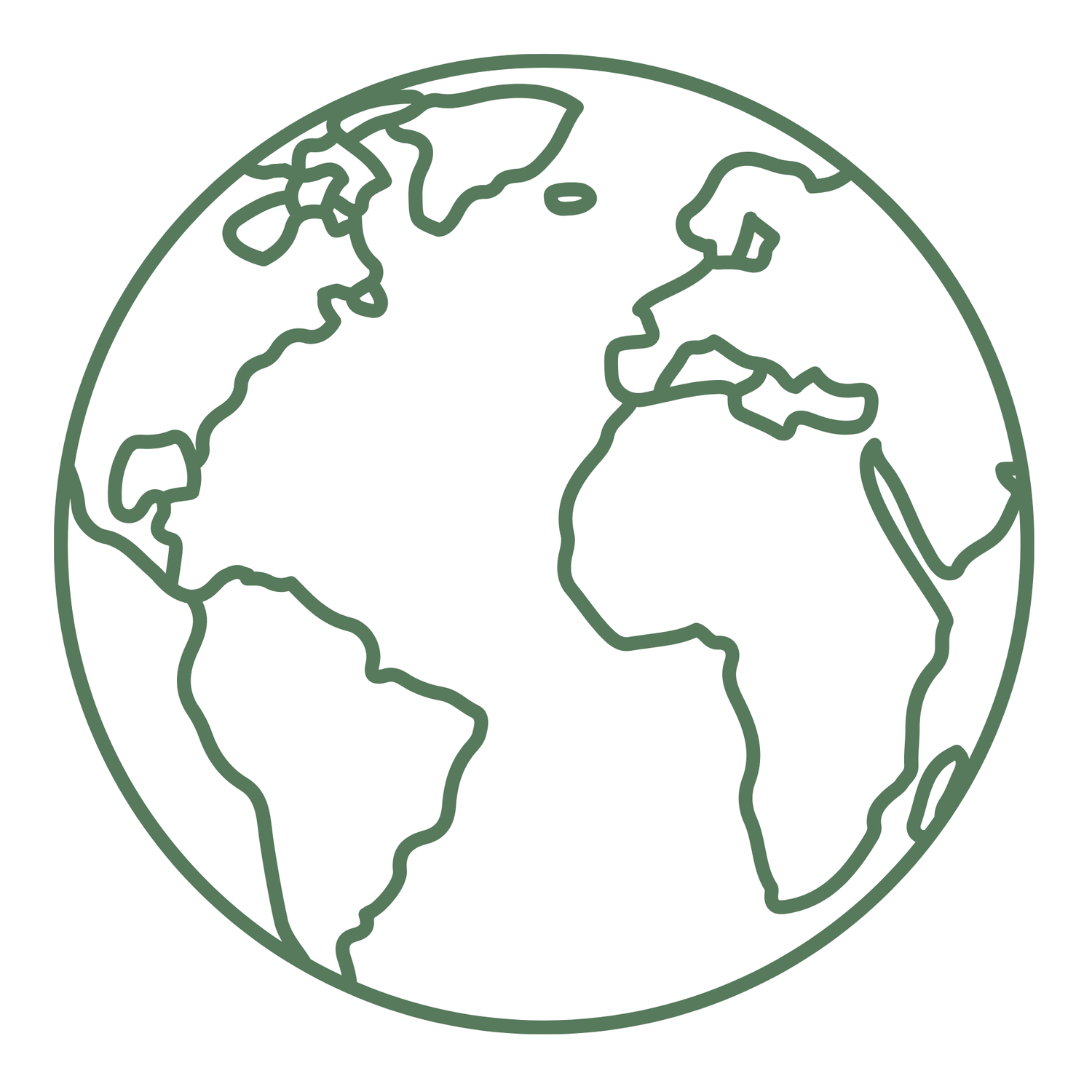 Simple green line art globe illustration showing Earth's continents on white background.