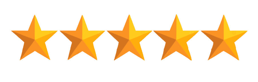 Five golden stars in a row representing a perfect five-star rating or review on a white background.