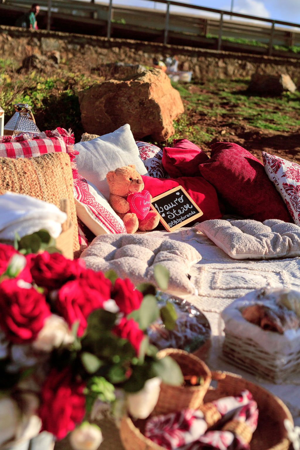 Romantic outdoor picnic setup with red roses, teddy bear, pillows, and a chalkboard sign on a cozy blanket.