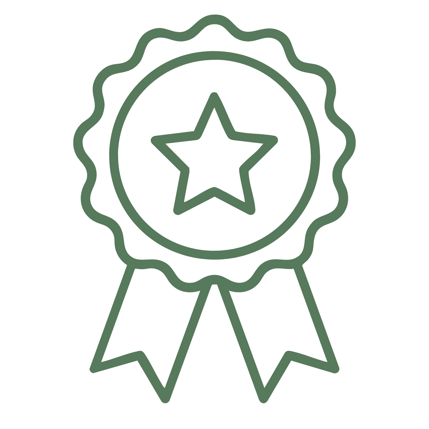 Green outline icon of an award medal with a star and decorative ribbon, symbolizing achievement and excellence.