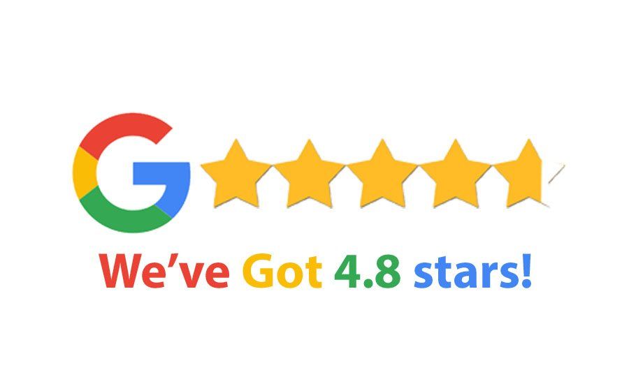 Google 4.8 star rating badge displaying five gold stars with colorful Google logo for business review achievement.