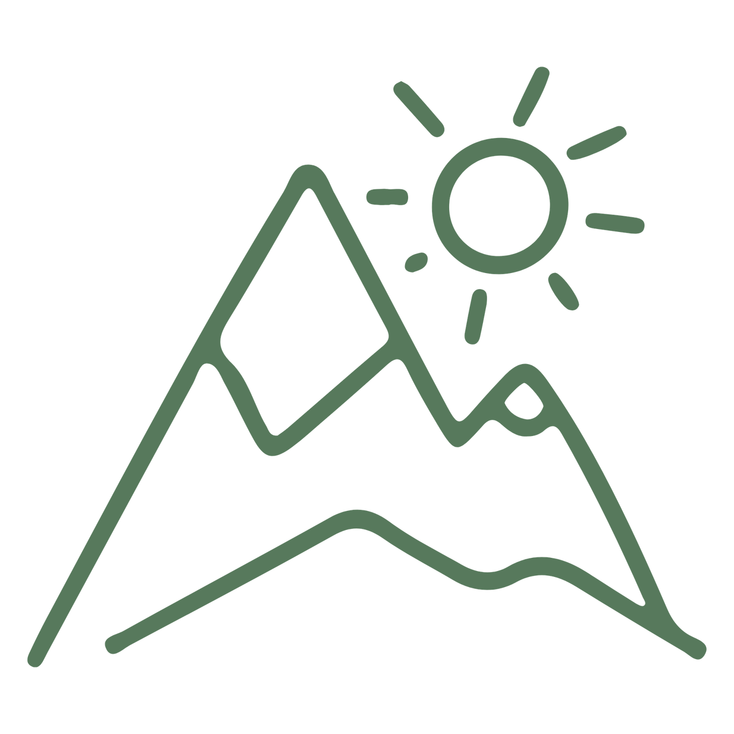 Green line art icon of mountain peaks with a shining sun, minimalist outdoor landscape illustration on white background.