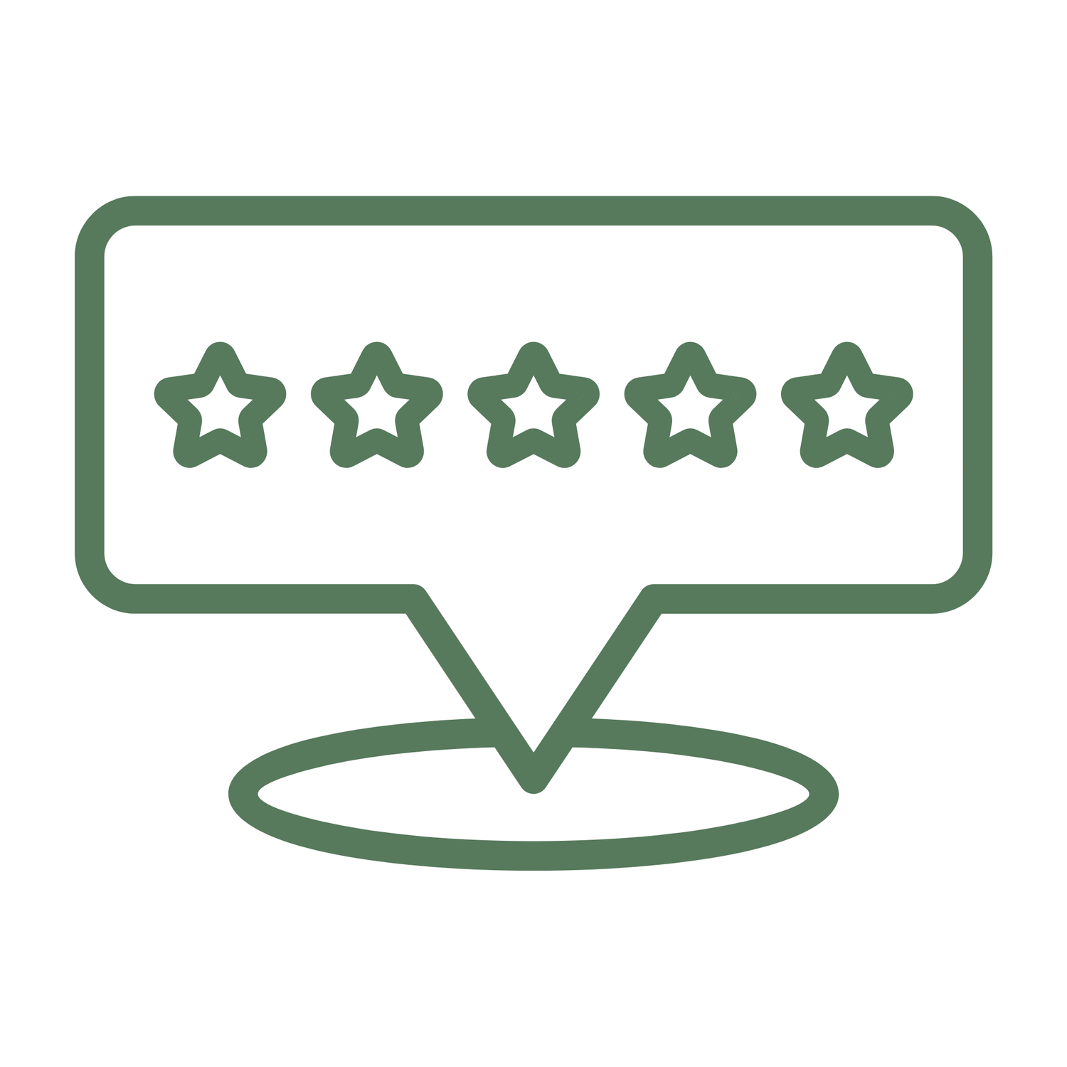 Green outline icon of a speech bubble with five stars on a pedestal, symbolizing customer reviews and ratings.