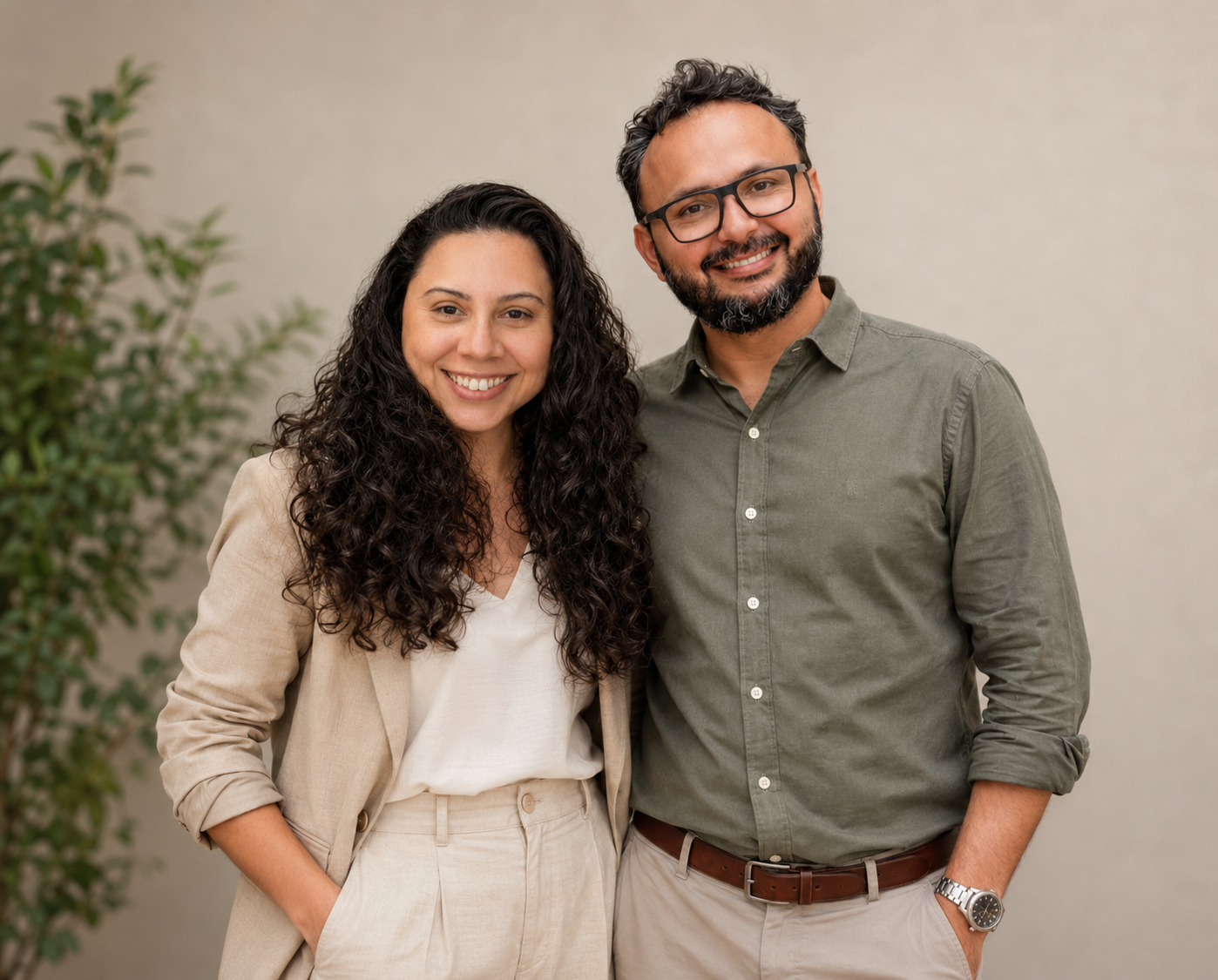 A smiling man and woman pose together in smart casual attire against a neutral background with greenery.