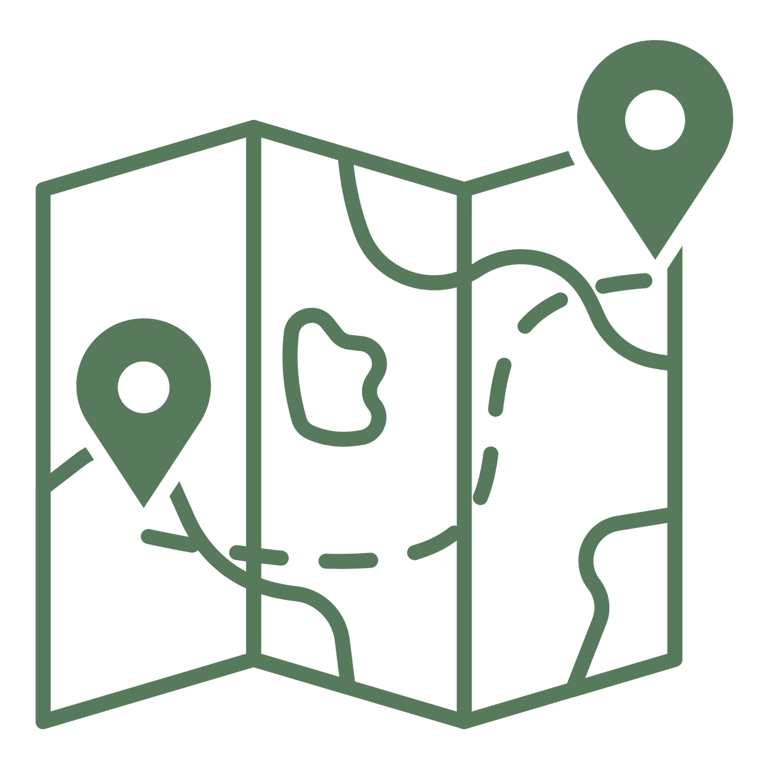 Green illustrated folded map with two location pins marking routes and destinations.