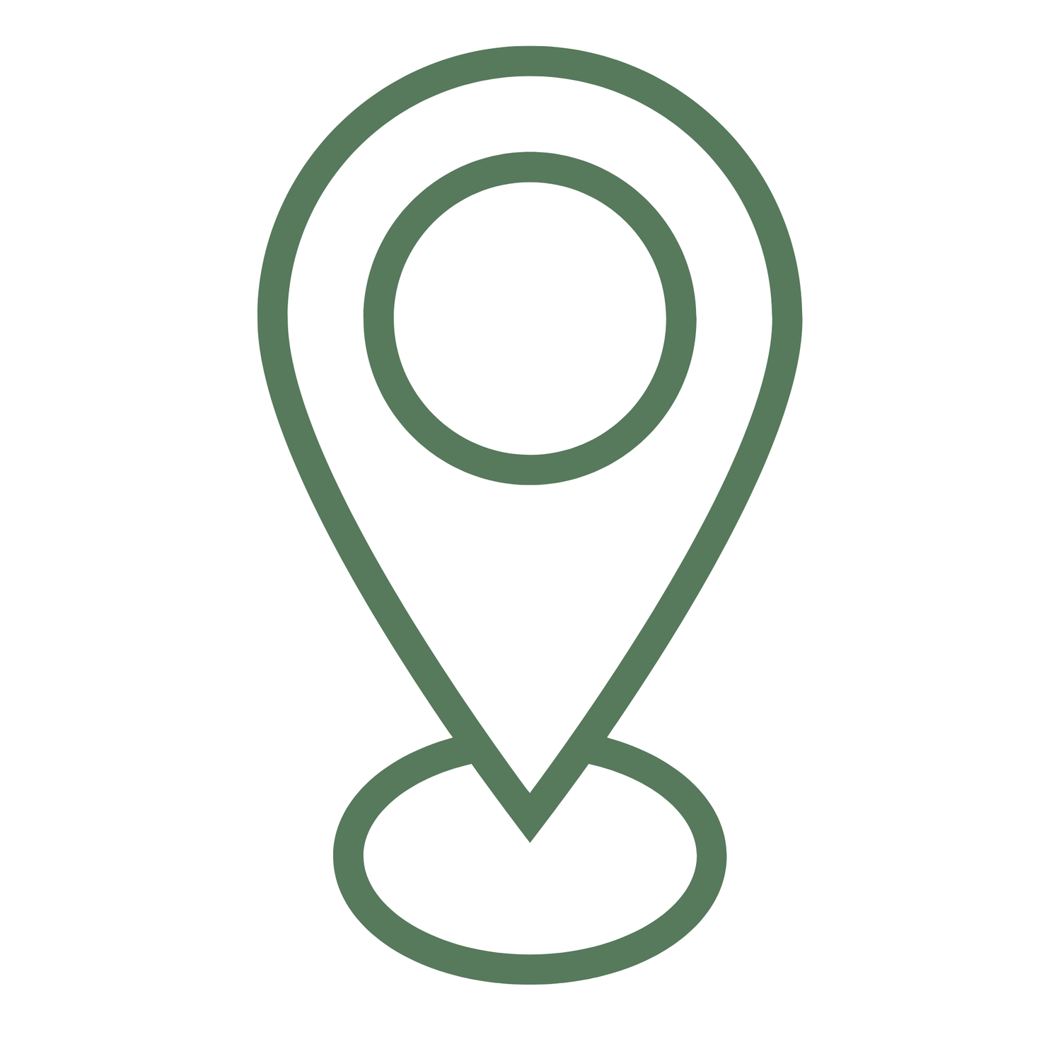 Green outline location pin icon with circle detail on white background.
