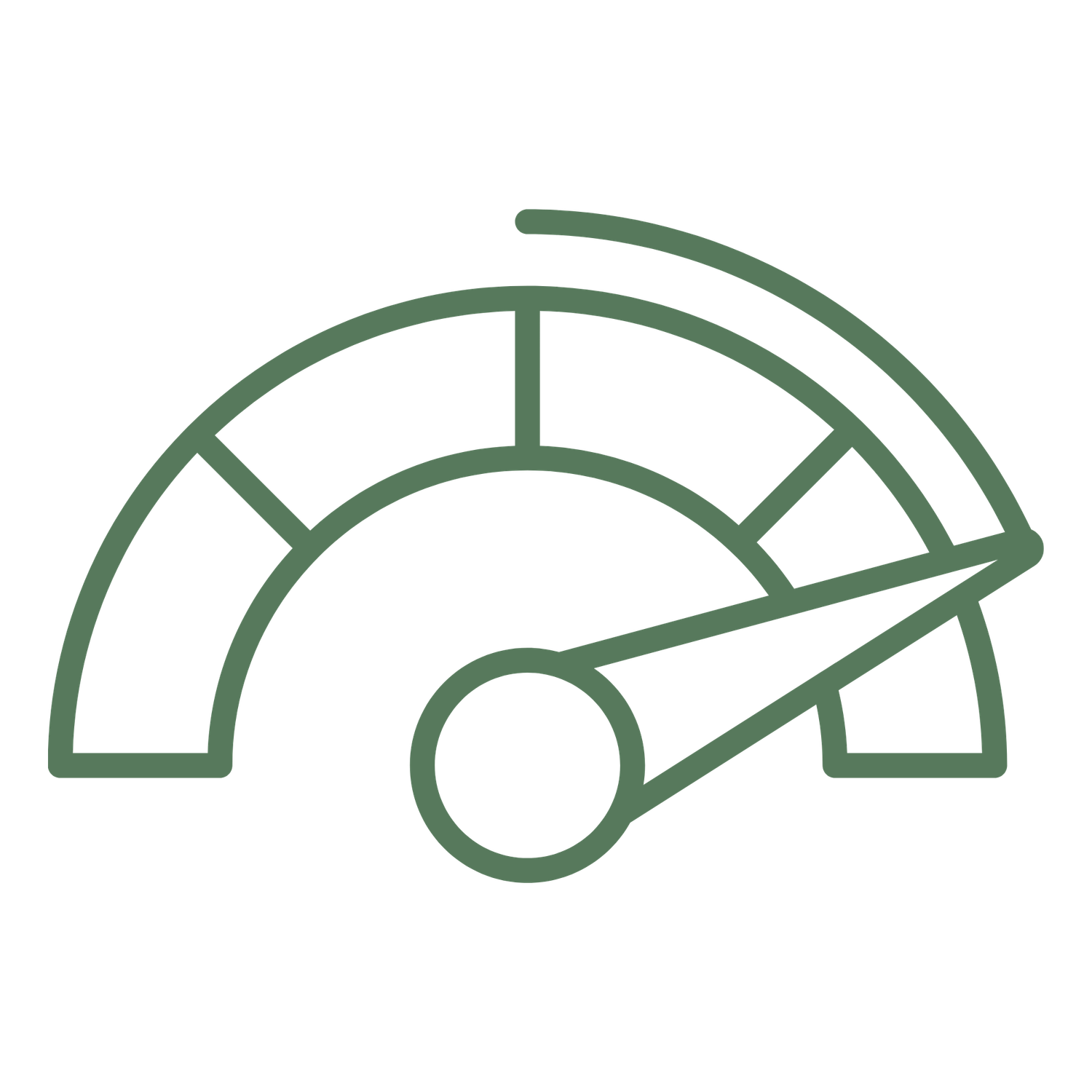 Green outline speedometer gauge icon with needle pointing right on white background.