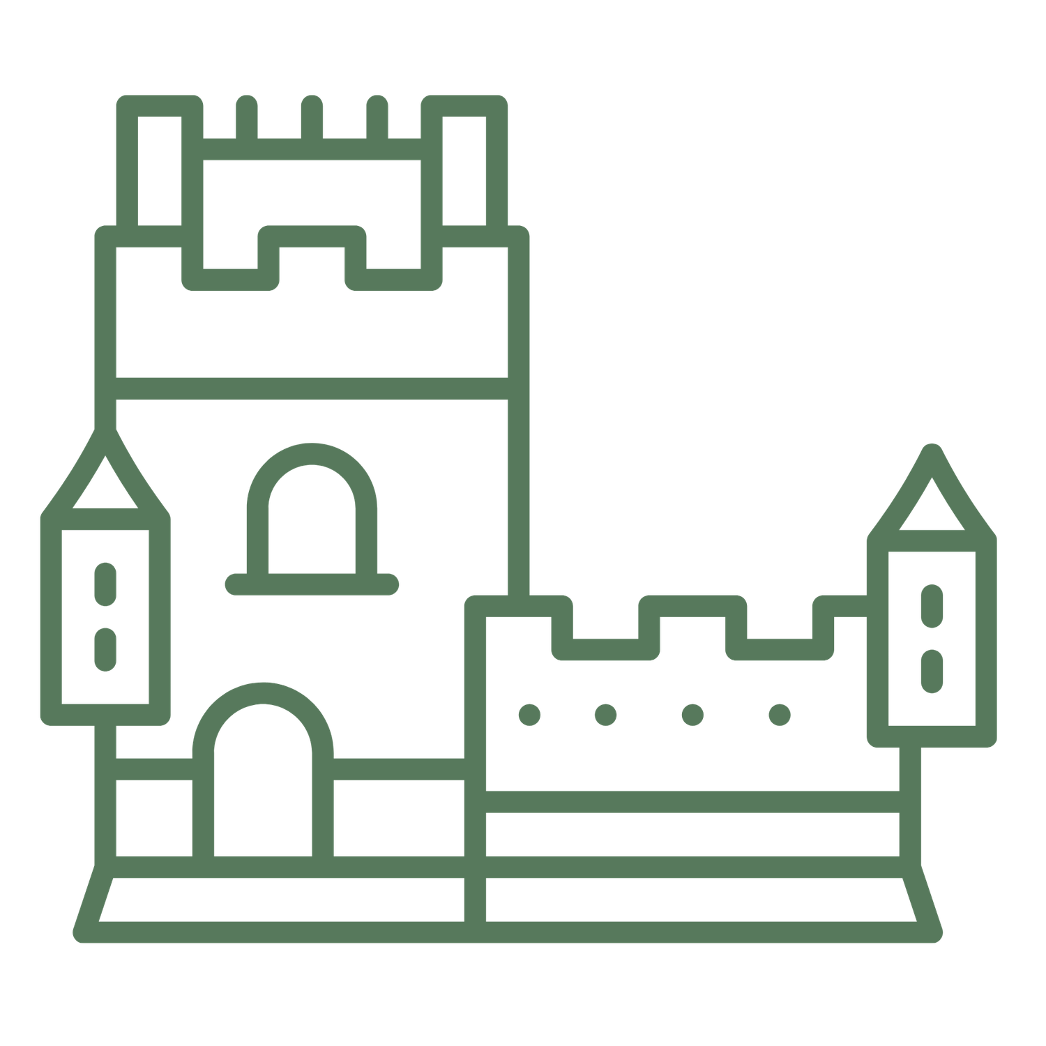 Green line art icon of a medieval castle with towers and battlements on a white background.