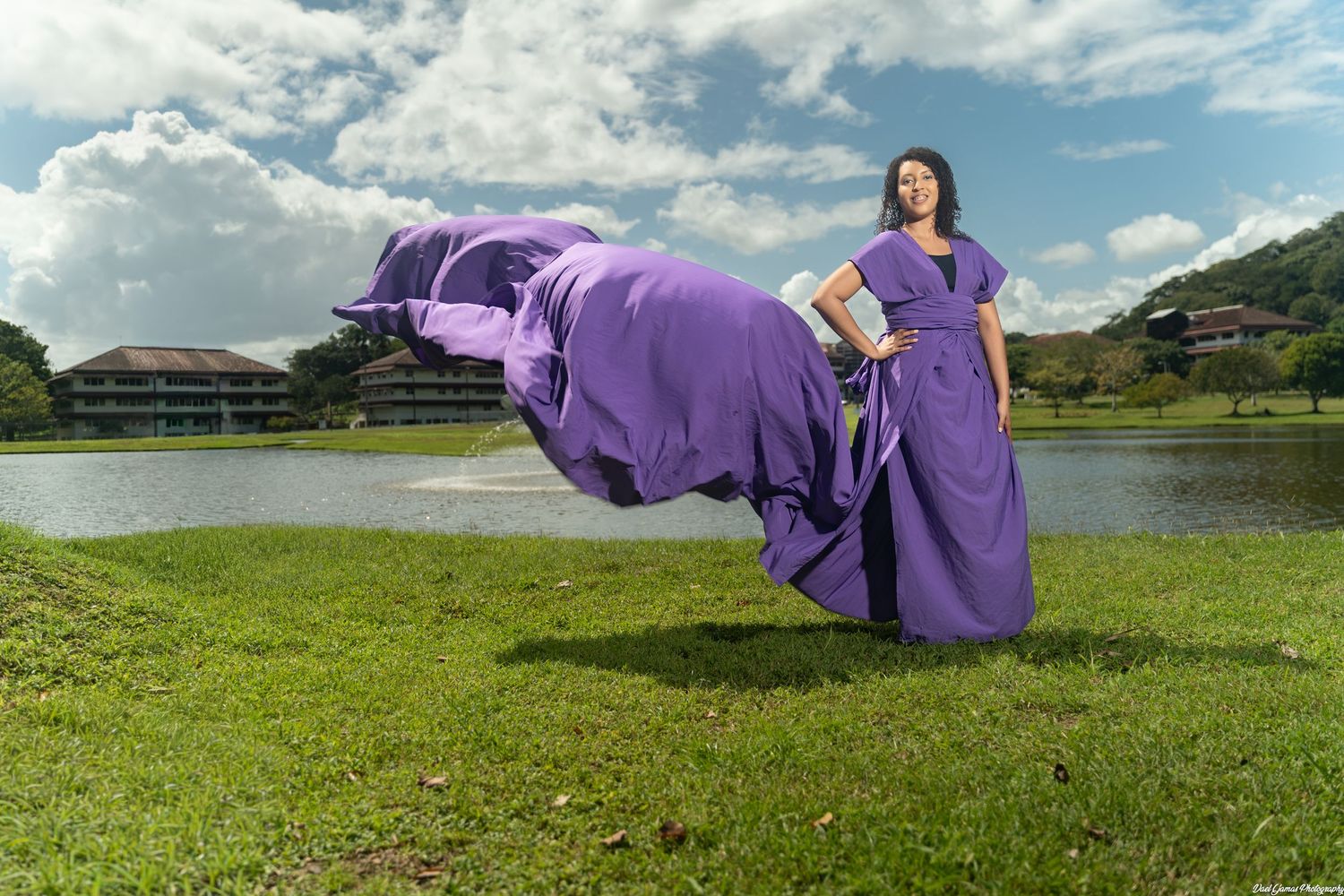 A flowing purple dress billows dramatically across a green field against a bright blue sky with white clouds.