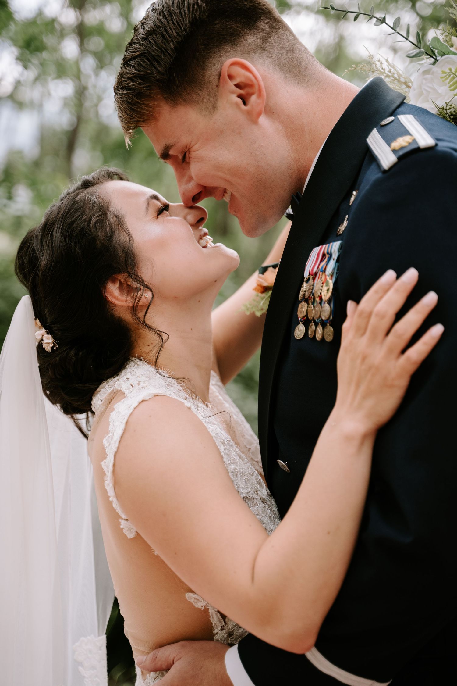 A romantic wedding moment captured in a series of intimate photos showing the couple embracing outdoors.