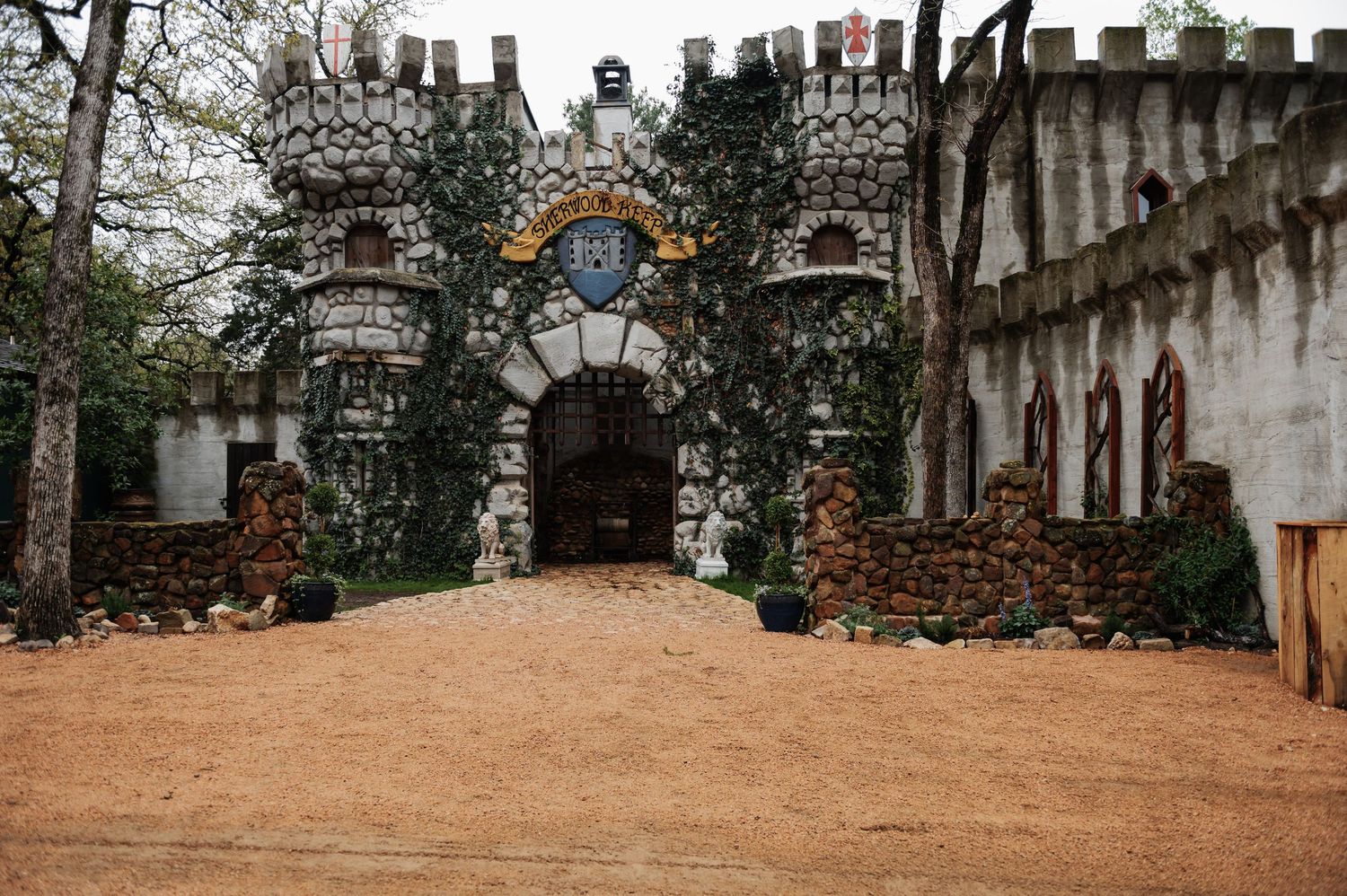 Stone castle entrance with ivy-covered walls and arched gateway at a Renaissance fair.