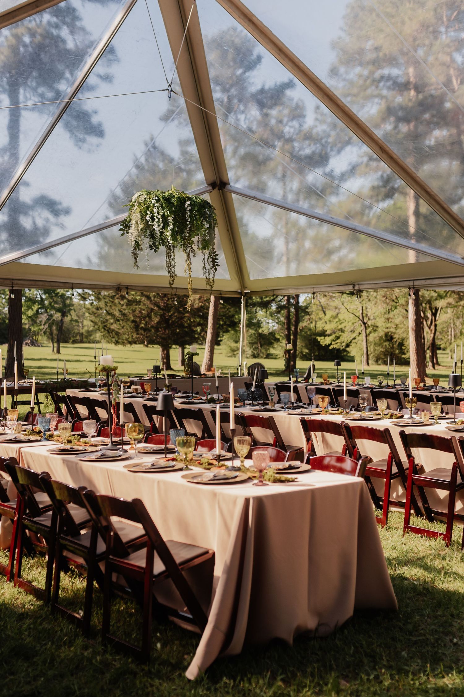 Elegant outdoor wedding reception under clear tent with blush tablecloths, dark wood chairs, and hanging greenery centerpiece.