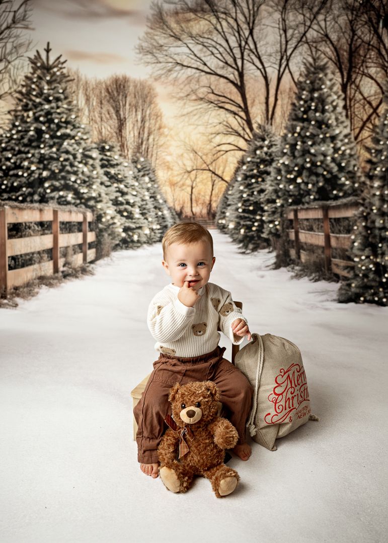 A baby boy sits in snow with a teddy bear and Santa sack, surrounded by lit Christmas trees and wooden fences.
