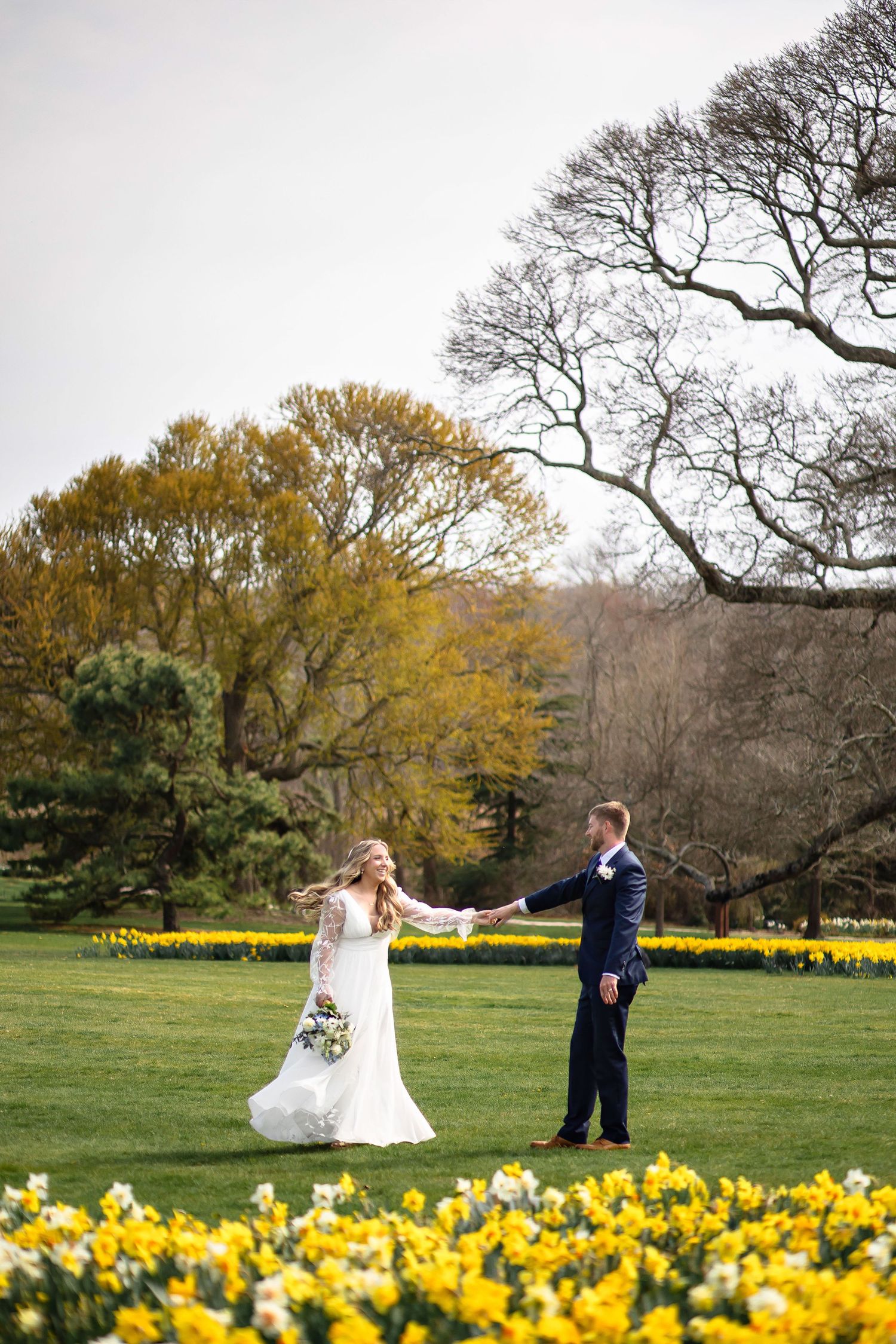 A couple poses for a romantic springtime wedding photo amid fields of blooming yellow daffodils and bare trees.