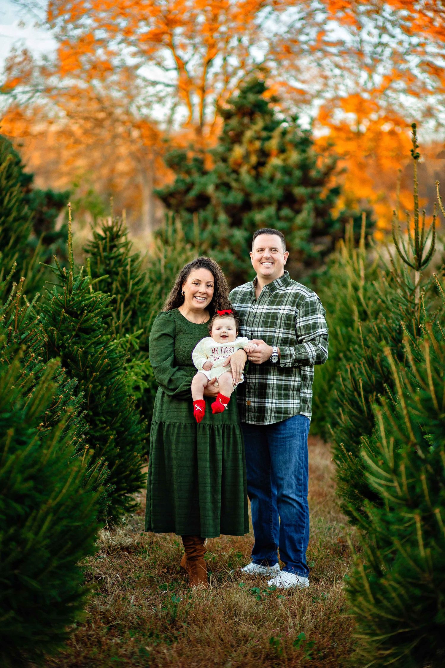 A series of outdoor family portraits taken at a Christmas tree farm with evergreens and vibrant autumn foliage in the background.